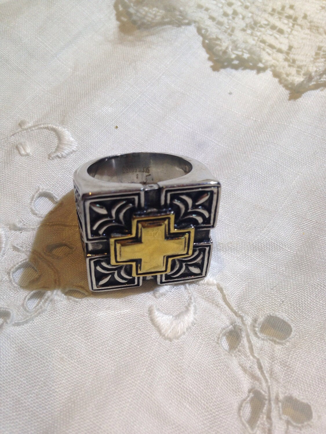 Vintage Gothic Golden Stainless Steel Cross Mens Ring