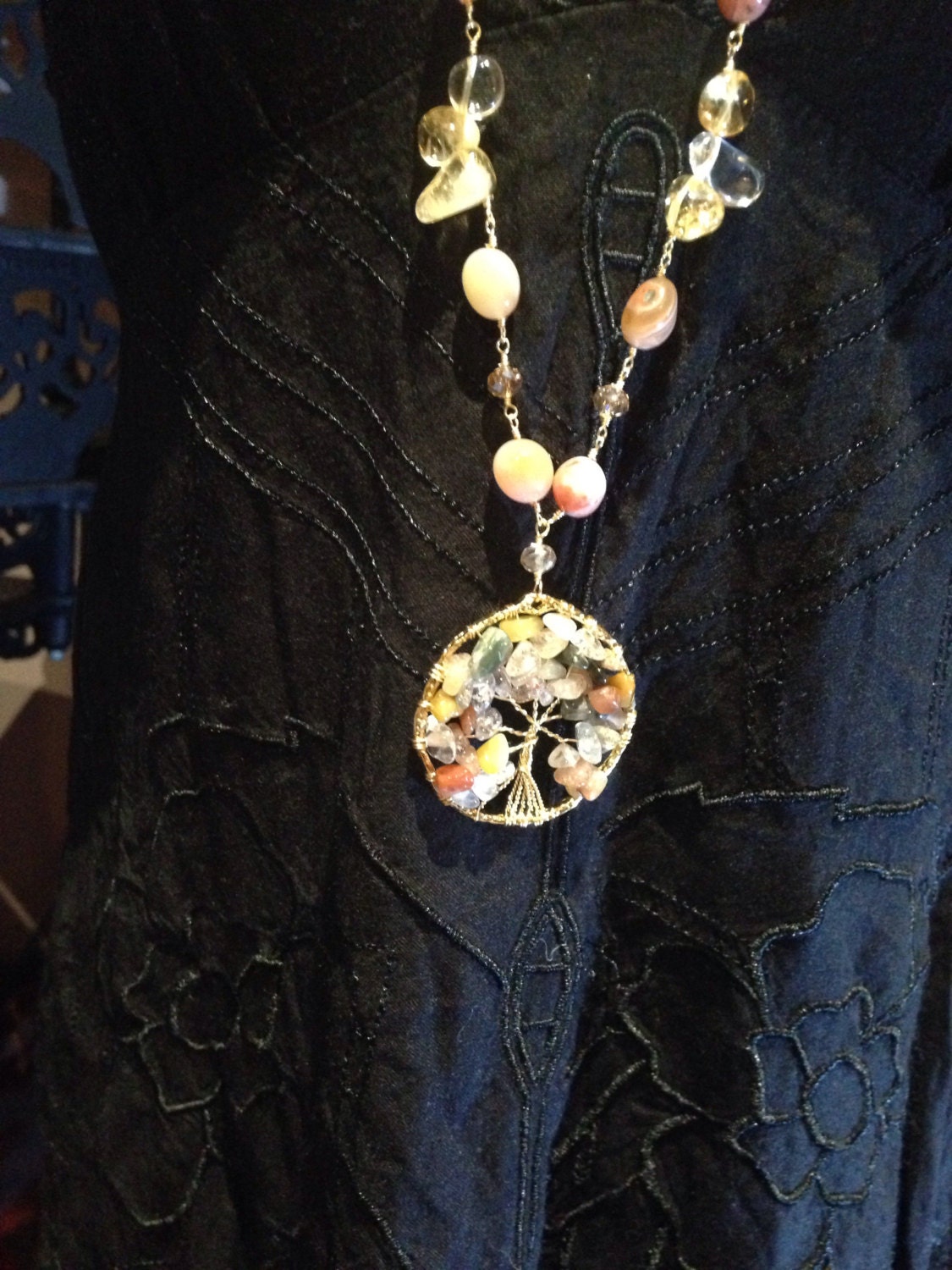 Hand Wrapped Pearl and Crystal Tree of Life Necklace