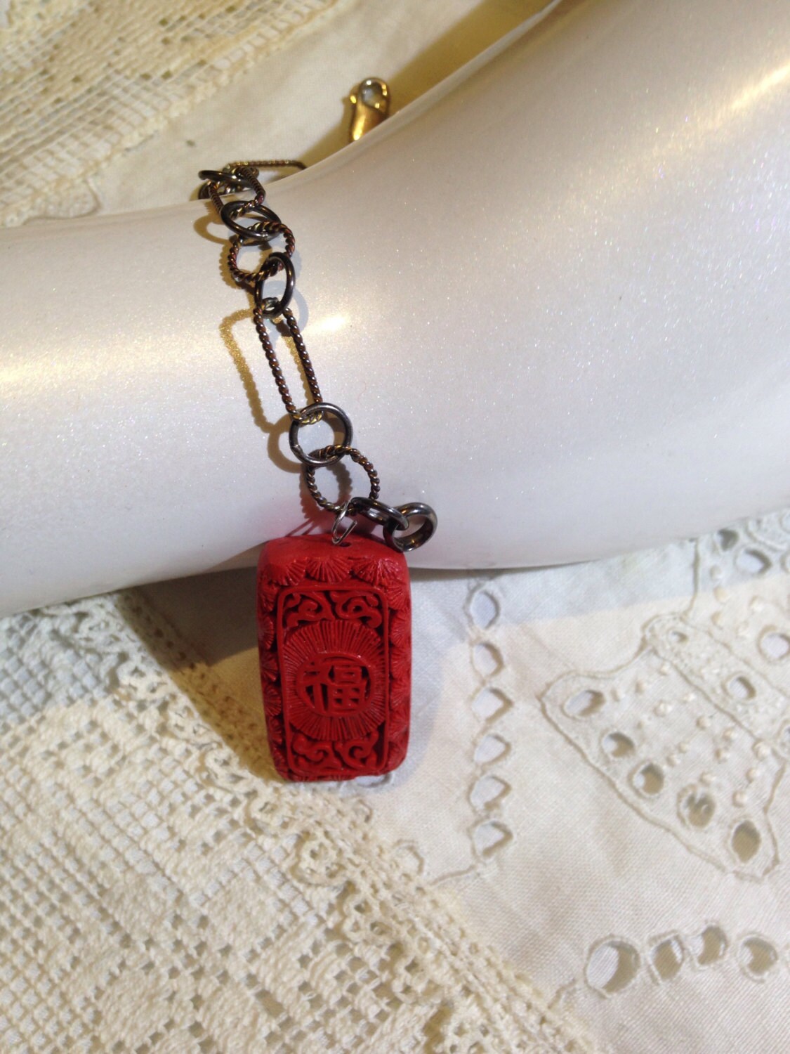 Vintage Sterling Silver Genuine Cinnabar Charm Bracelet