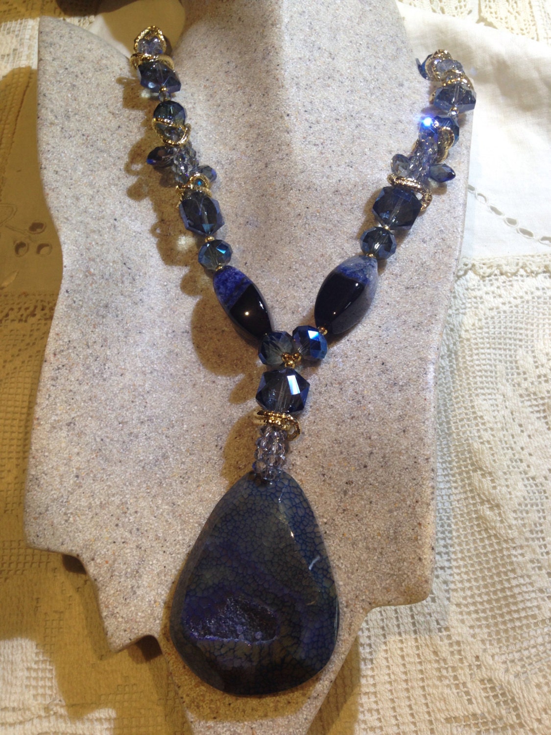 Handmade Blue Quartz druze and Crystal Y Necklace