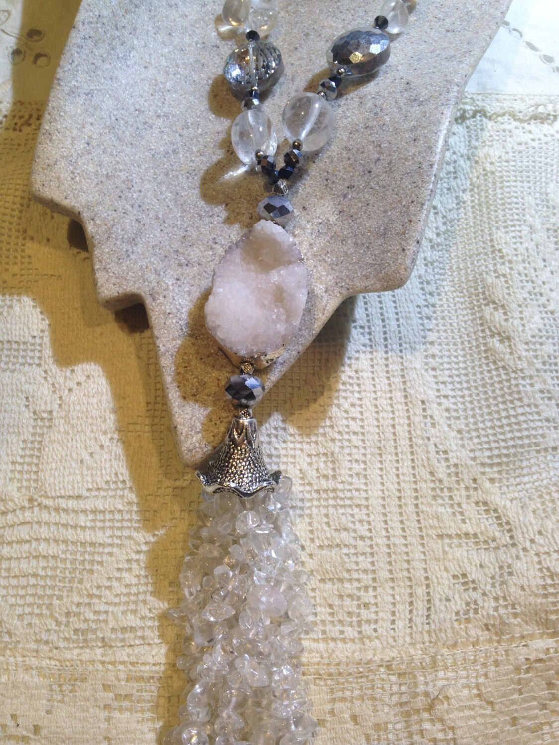 Handmade White druze Quartz and Crystal tassel Necklace