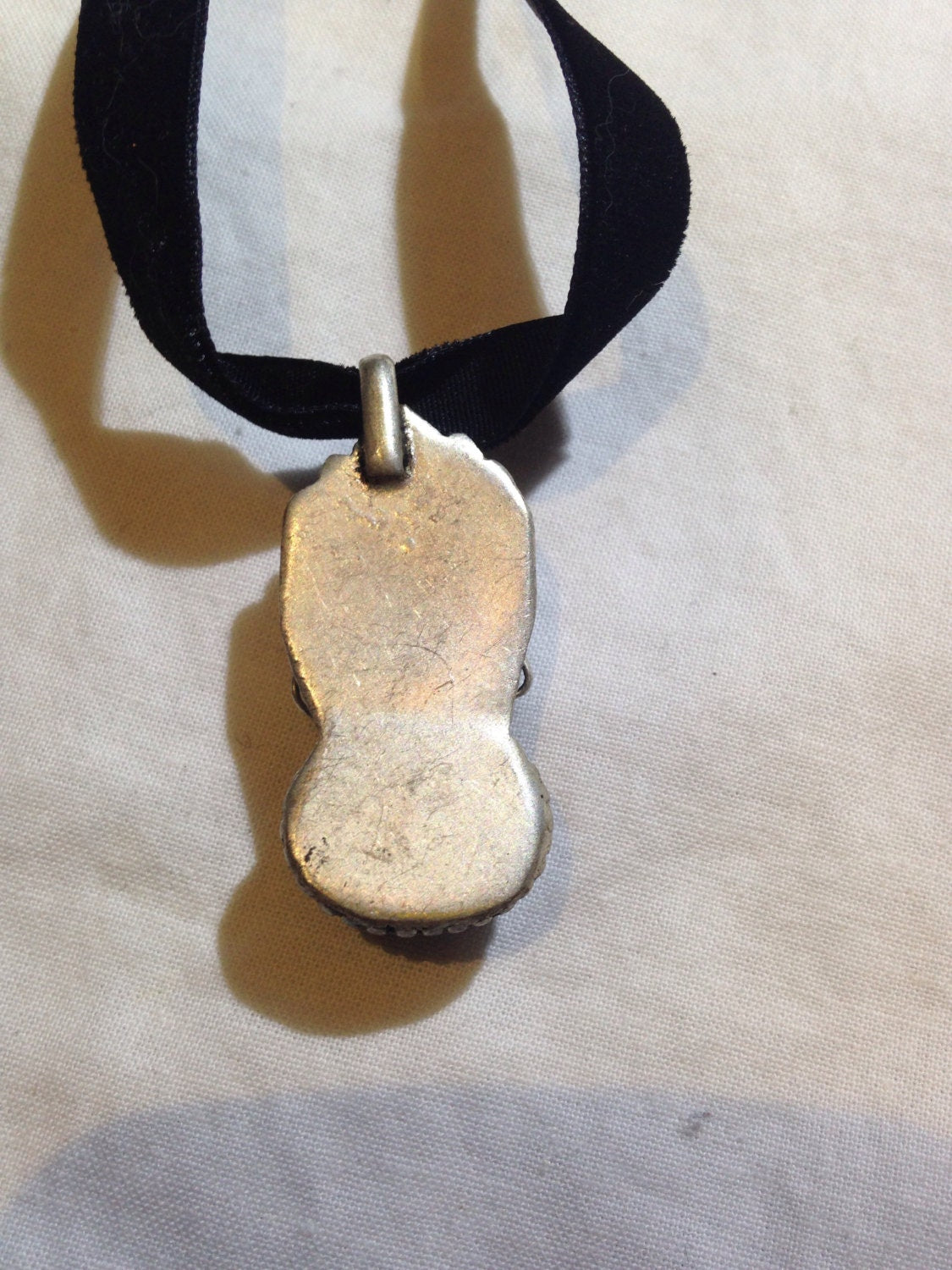 Vintage Handmade Dragon Amulet Silver White Bronze Green Chrysoprase Pendant Necklace Velvet Choker