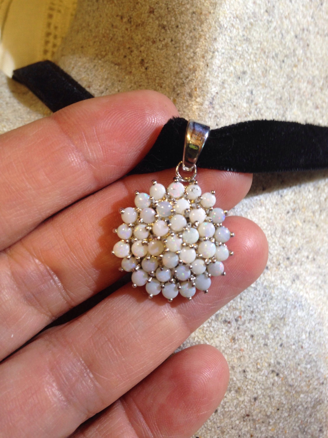 Vintage White Opal Choker 925 Sterling Silver Pendant Necklace