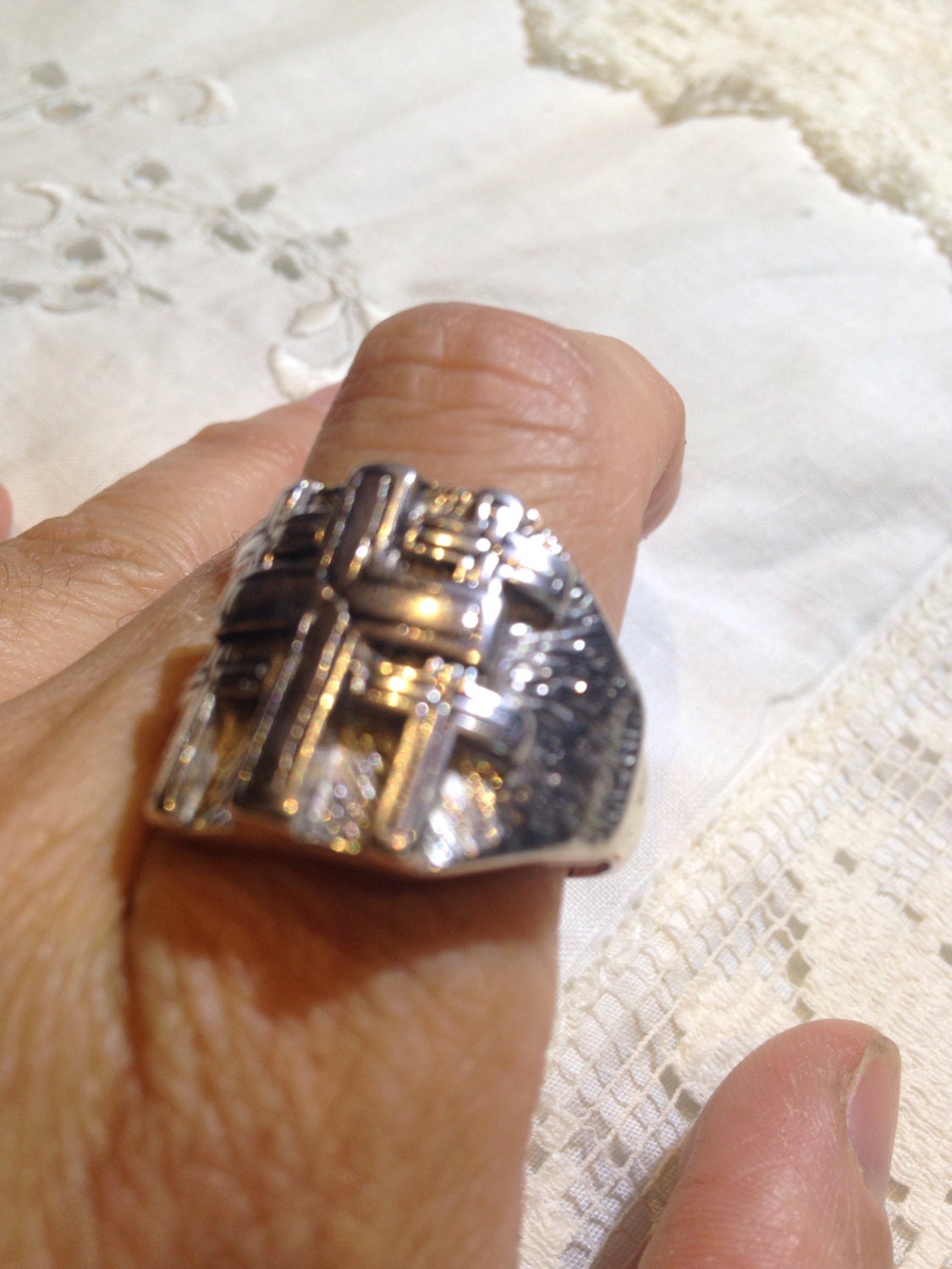 Vintage Gothic Cross Mens White Bronze Ring