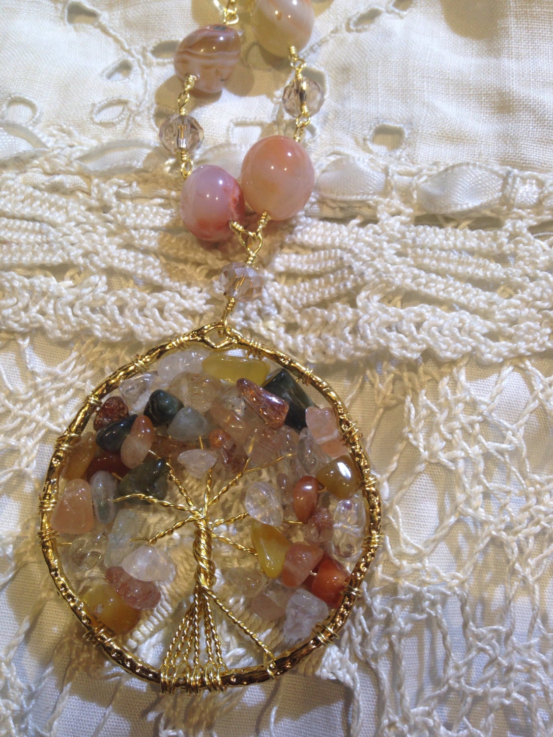 Hand Wrapped Pearl and Crystal Tree of Life Necklace