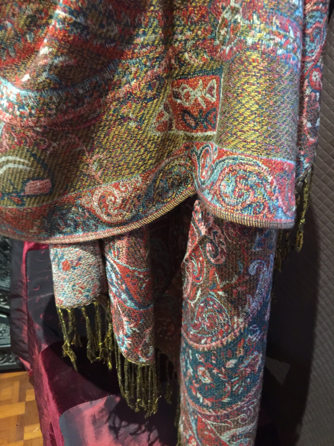 Vintage Green and Beige Paisley Brocade Pashmina Scarf Wrap Shawl