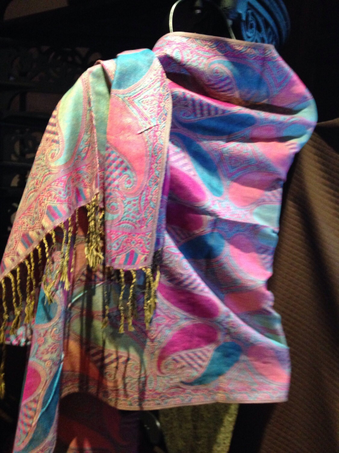 Vintage Fuschia Pink Blue Paisley Brocade Pashmina Scarf Wrap