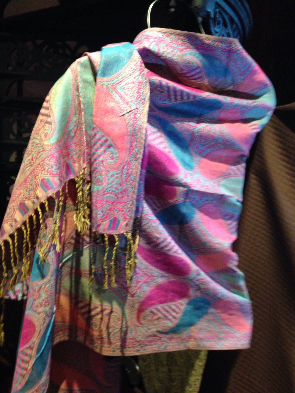 Vintage Fuschia Pink Blue Paisley Brocade Pashmina Scarf Wrap