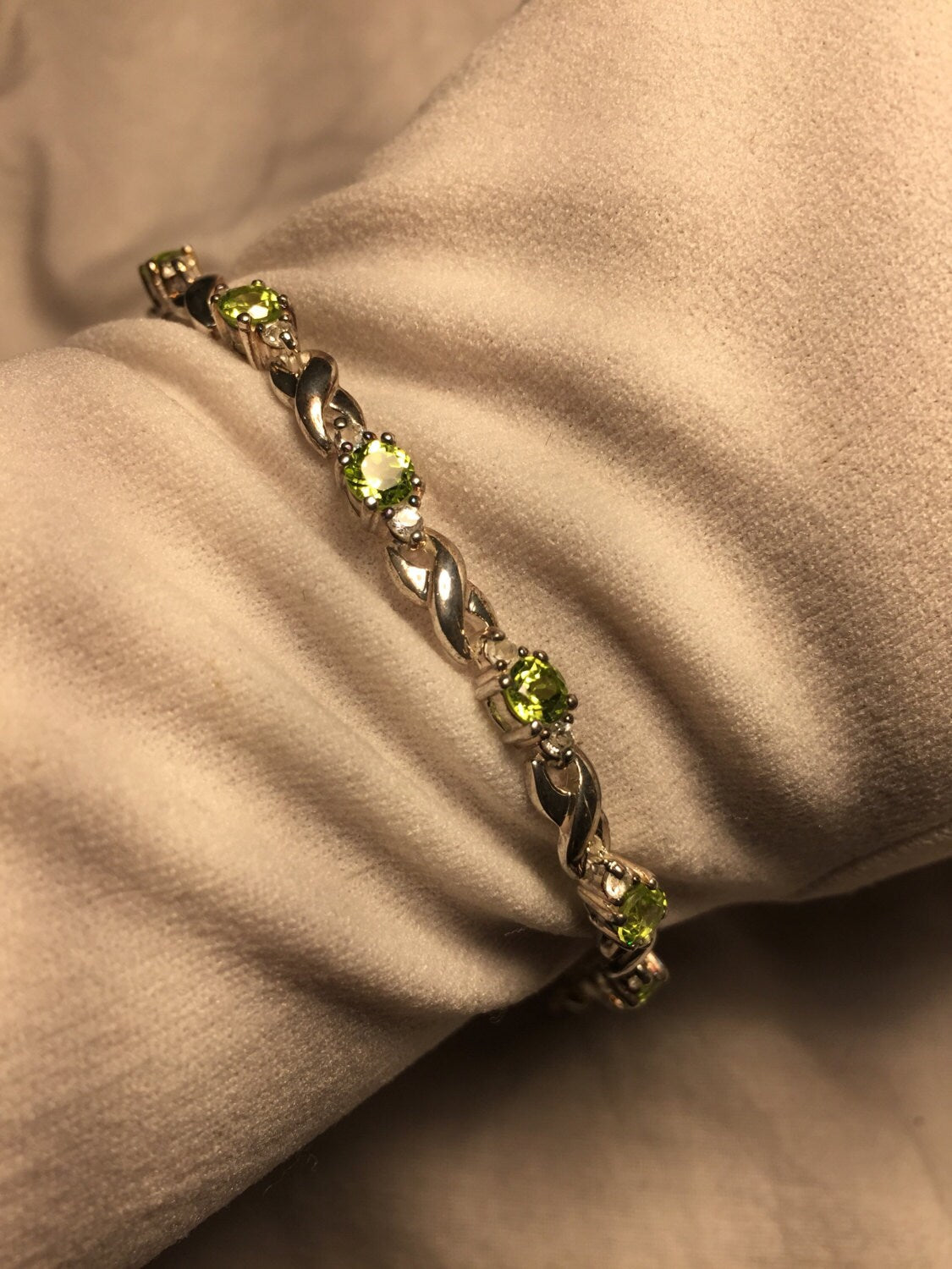 Vintage Handmade Genuine Peridot White Sapphire 925 Sterling Silver Tennis Bracelet