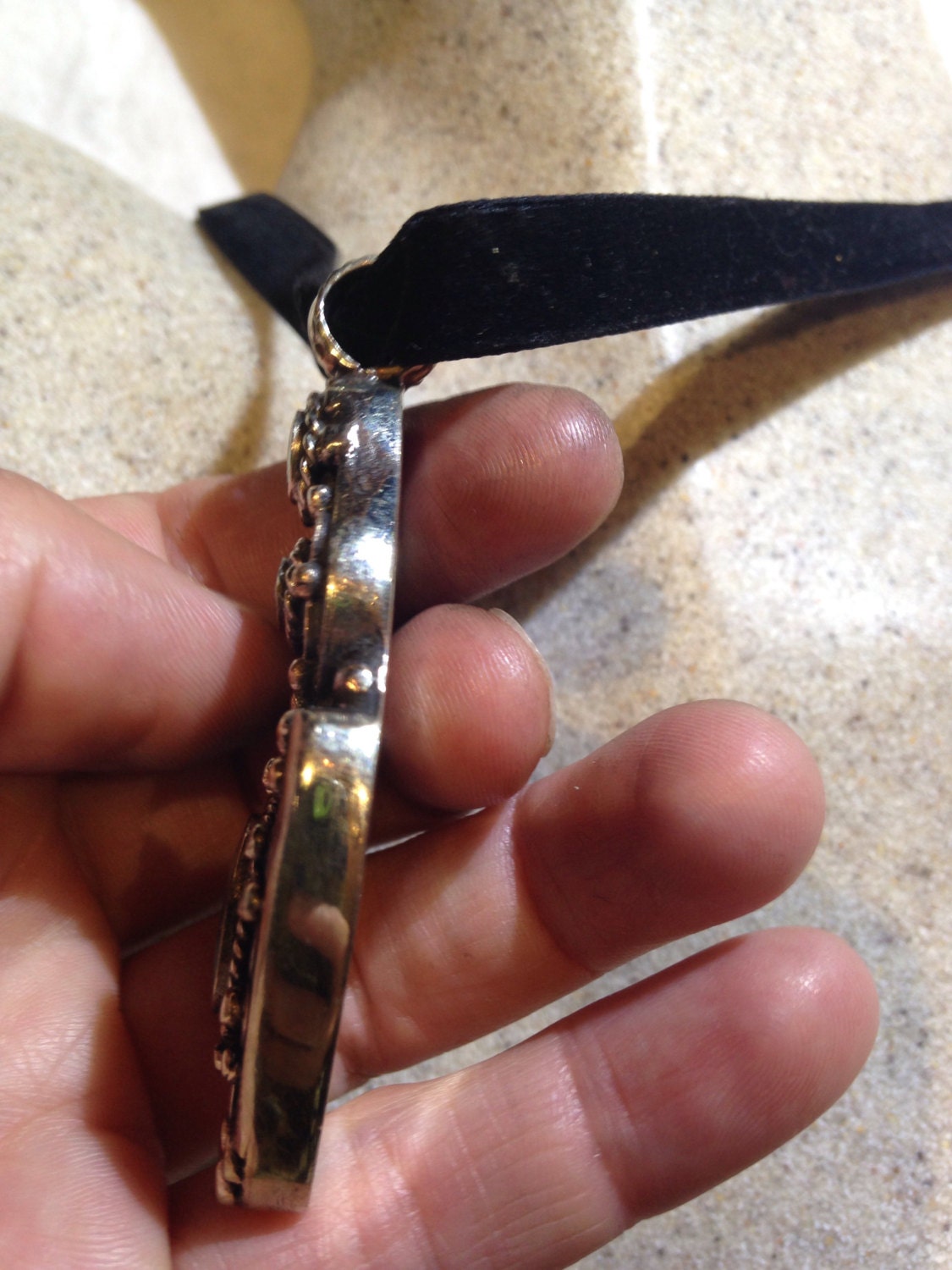 Large Handmade Vintage Engraved Repose Brass Turquoise Pendant