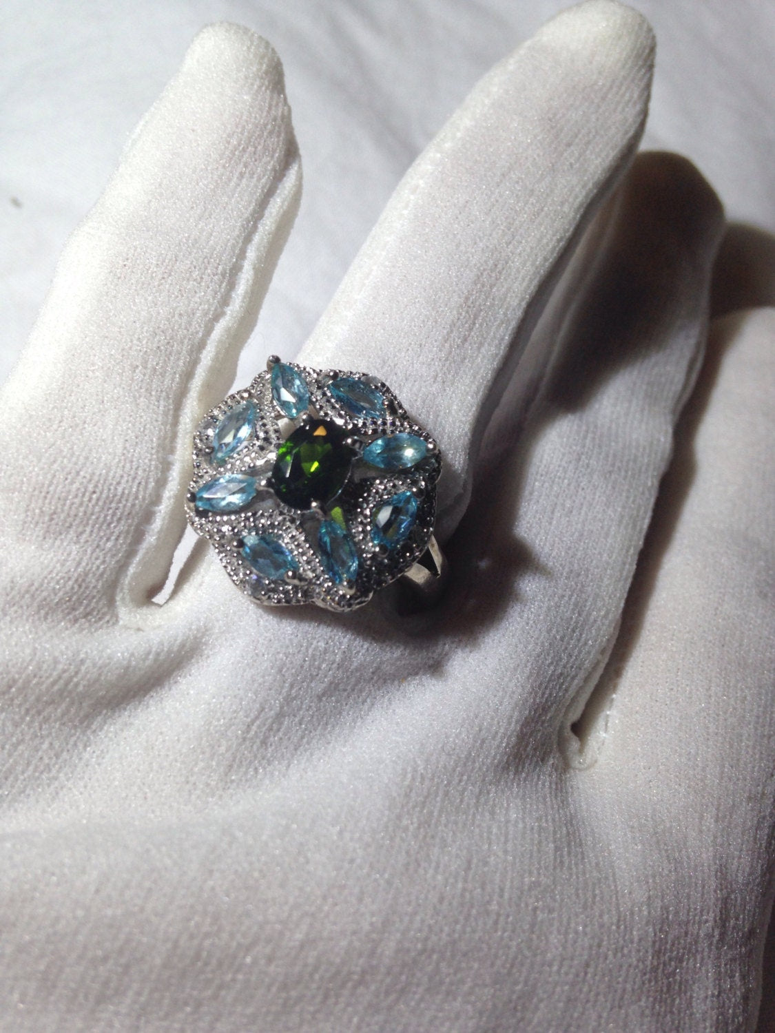 Vintage Genuine Blue Topaz Chrome Diapside 925 Sterling Silver Ring