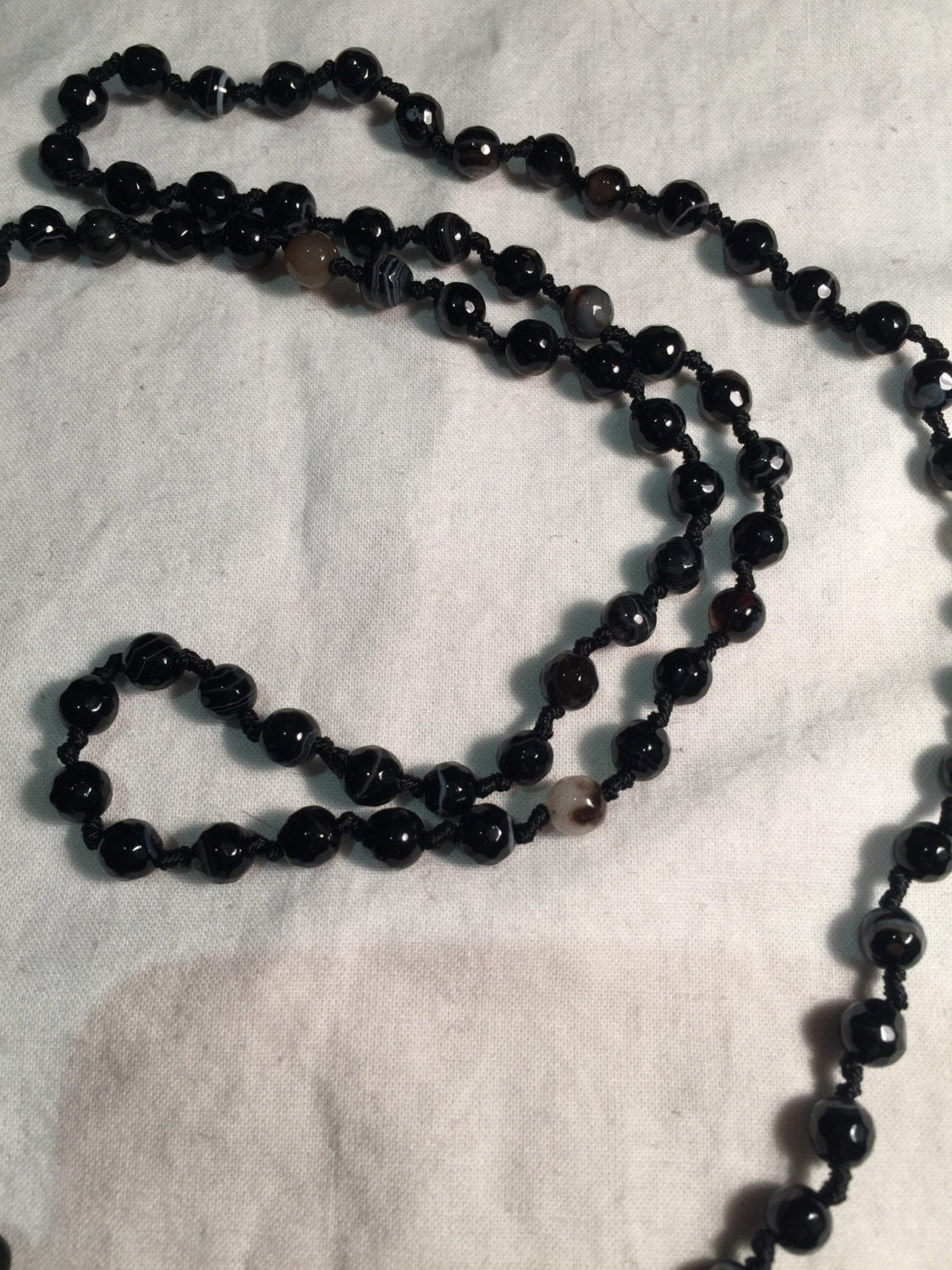Handmade Black Striped Onyx and Crystal Tassel Necklace