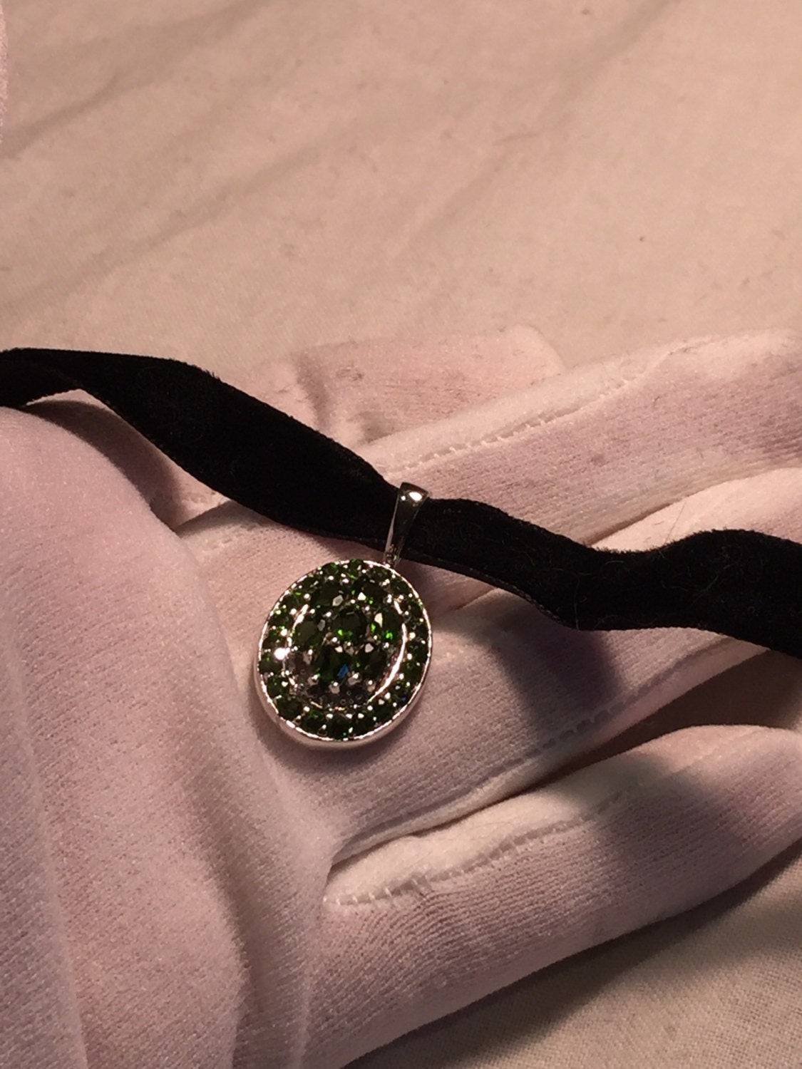 Vintage Green Choker Deco Chrome Diopside 925 Sterling Silver Pendant Necklace