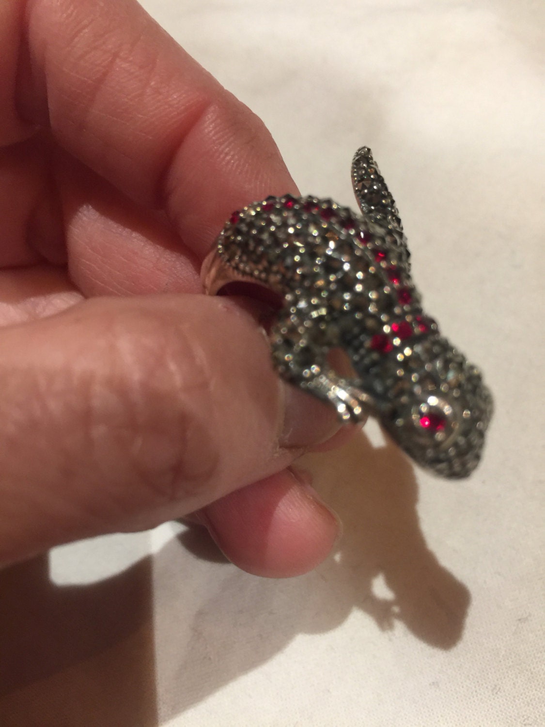 Vintage 1970's Sterling Silver red Crystal and marcasite Lizard Ring
