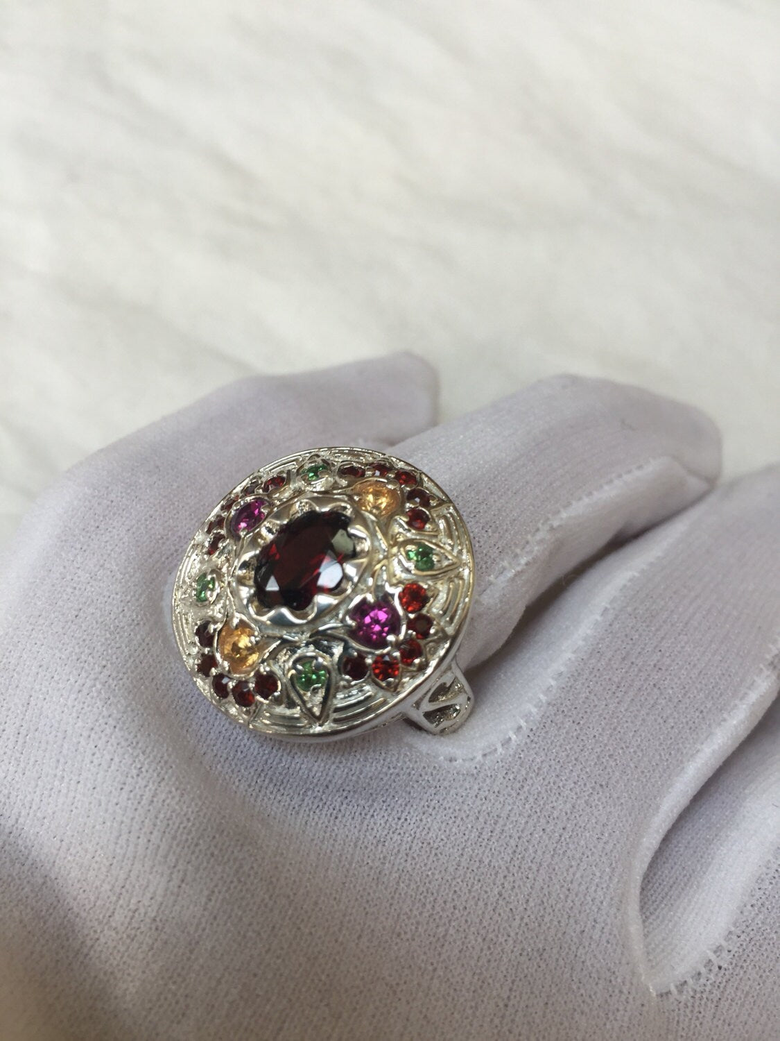 Vintage Bohemian Garnet 925 Sterling Silver Gold Ring