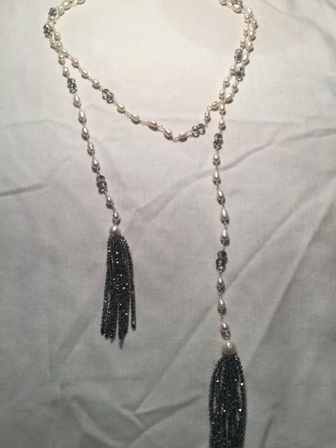 Hand Wrapped White Pearl tassel lariat Necklace
