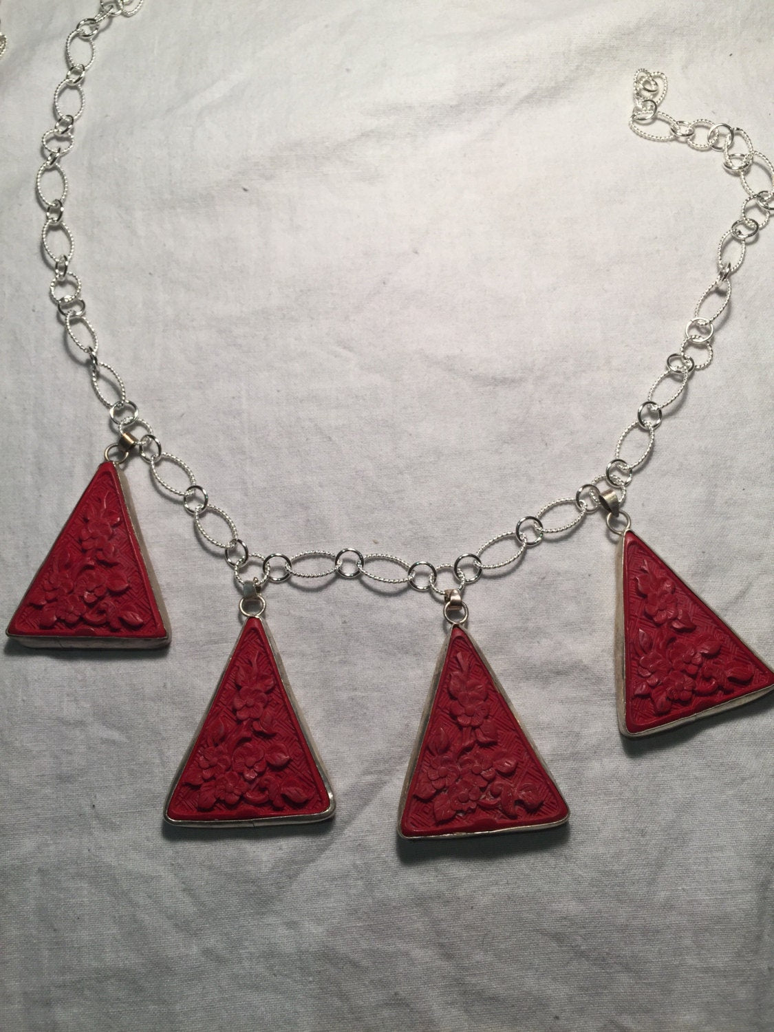 Vintage Handmade Carved Cinnabar Lacquer Silver Pendant