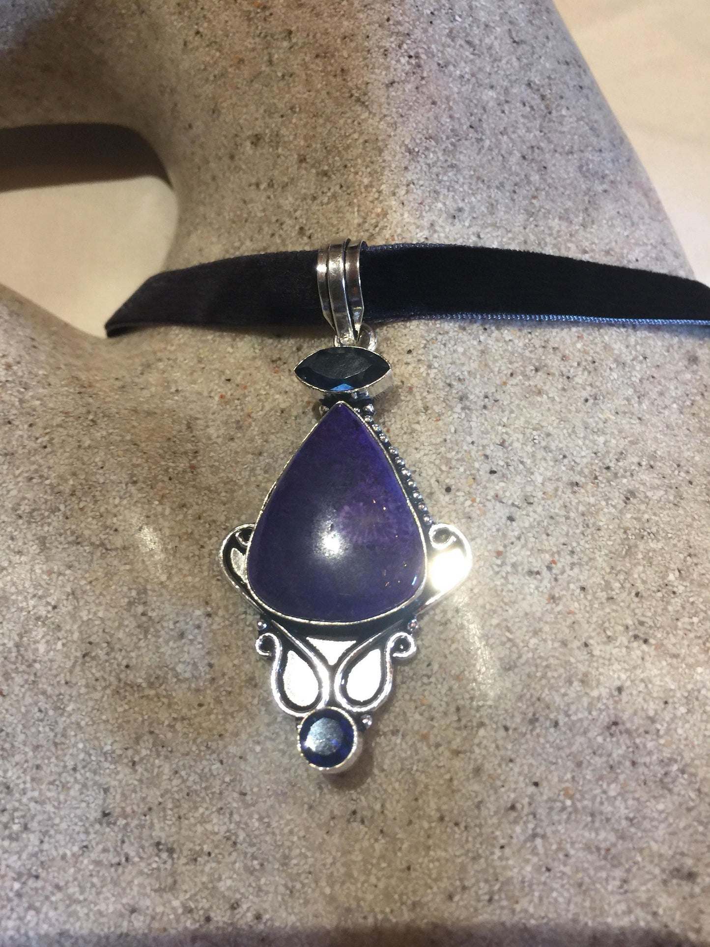 Blue Handmade Gothic Styled Silver Finished Genuine Iolite and Sujalite Choker Necklace