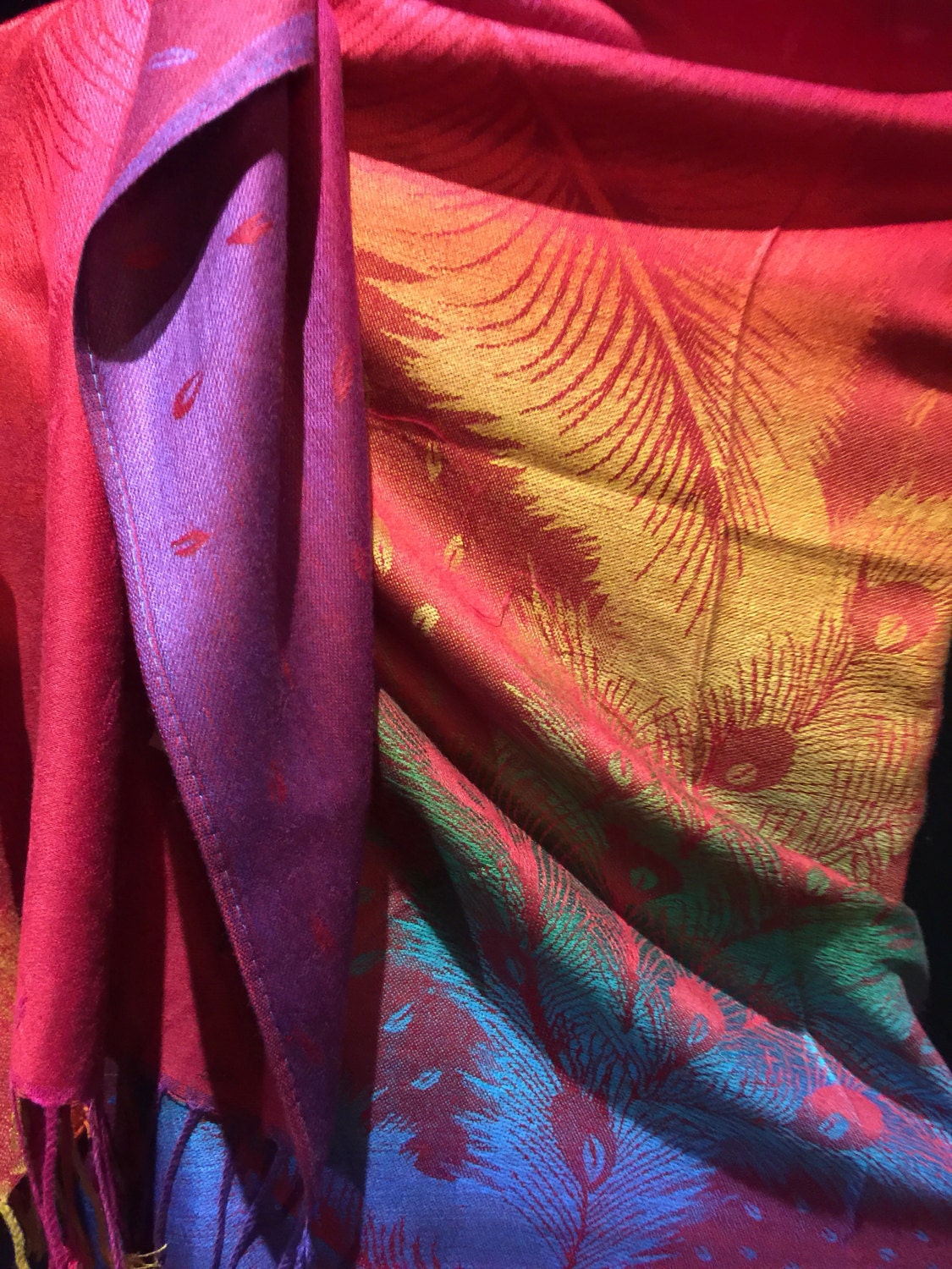 Vintage Rainbow Peacock feather Brocade Pashmina Scarf Wrap Shawl