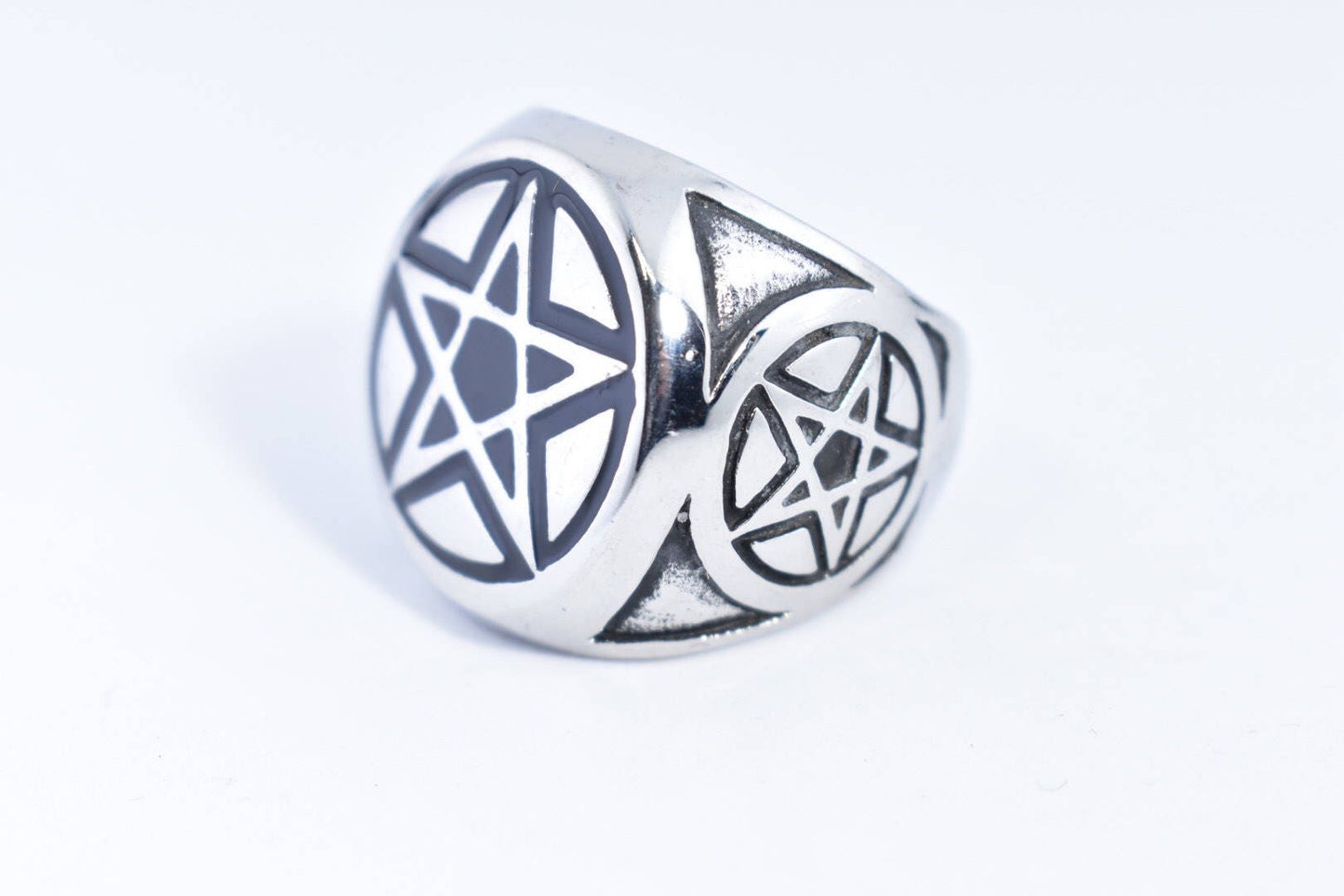 Vintage Gothic Silver Stainless Steel Pentacle Star Mens Ring