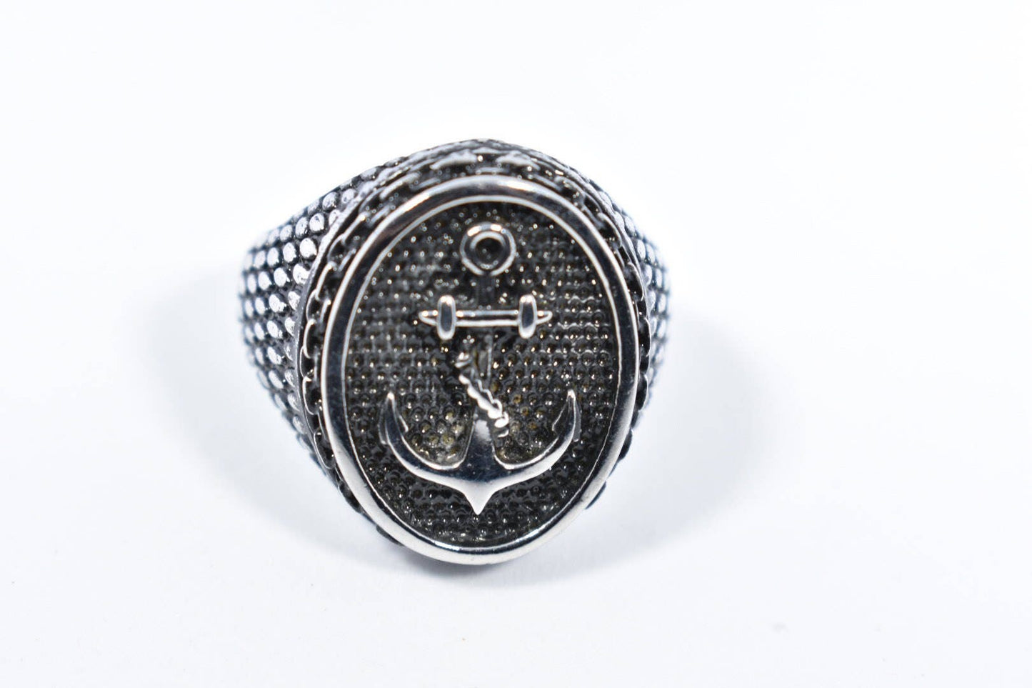 Vintage Silver Stainless Steel Gothic Anchor Mens Ring