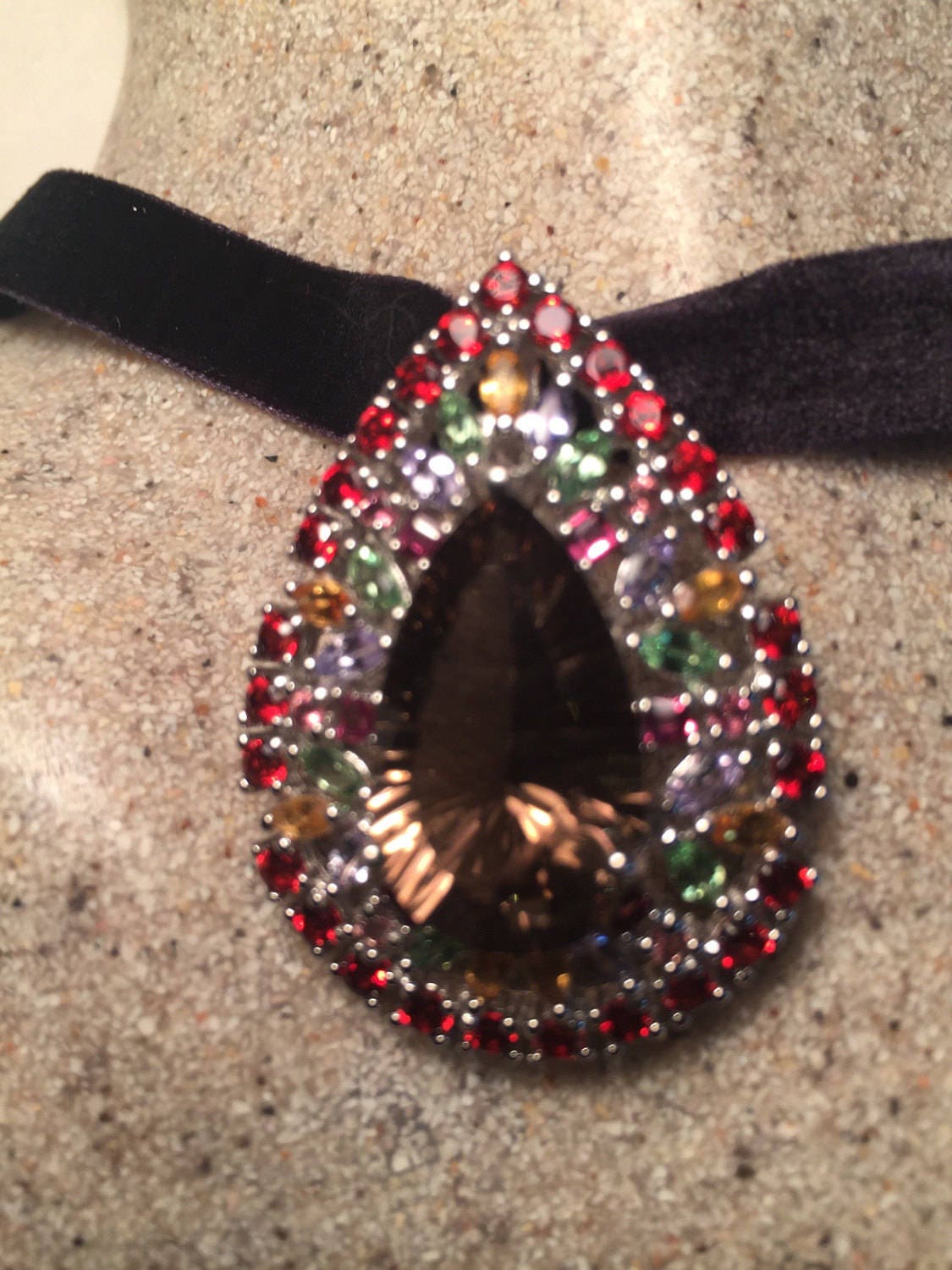 Vintage Handmade 925 Sterling Silver Smoky Quartz and colored Gemstone Pendant