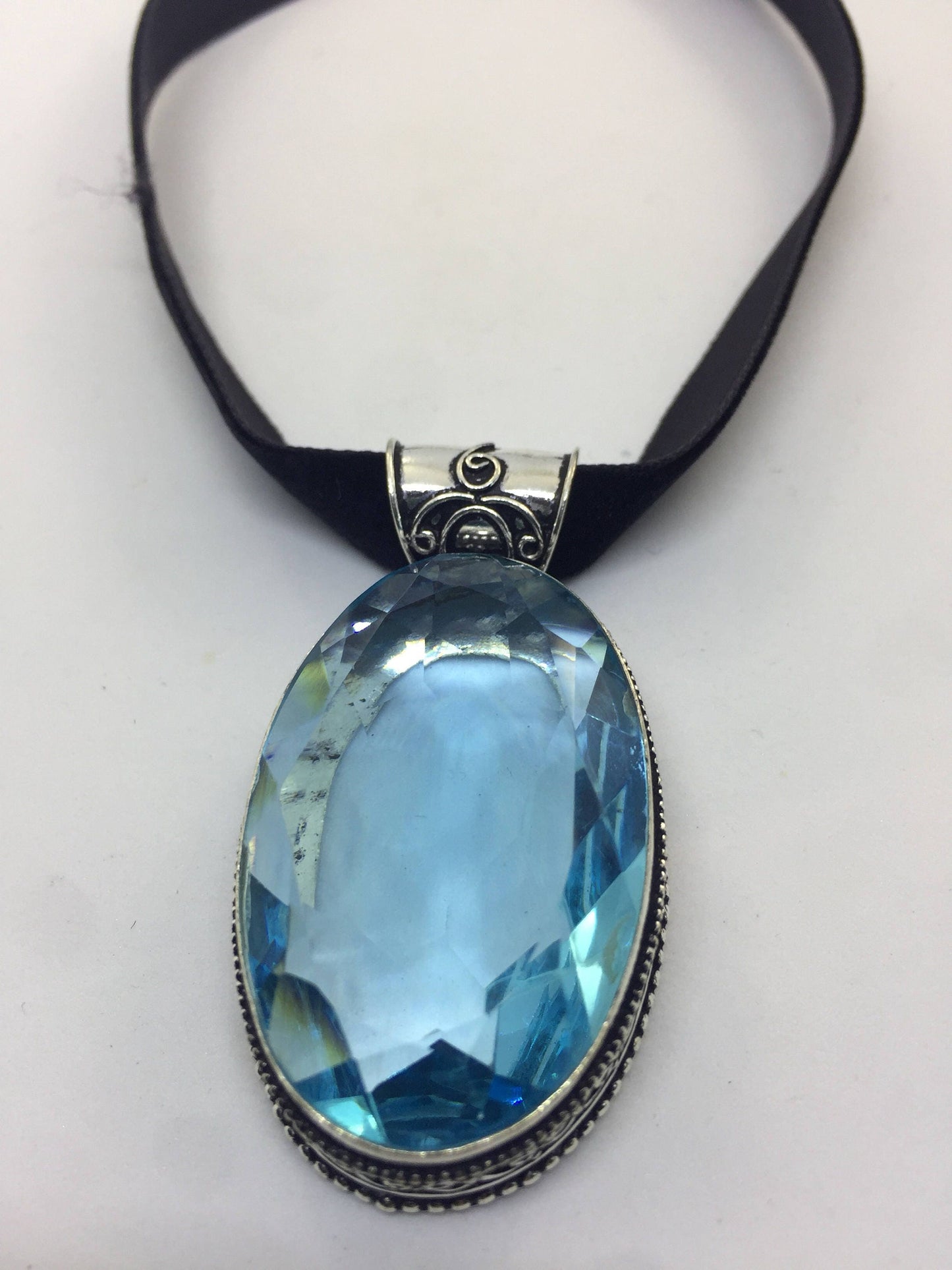 Blue Handmade Gothic Styled Silver Finished Genuine Facetted Antique Volcanic Glass Choker Necklace