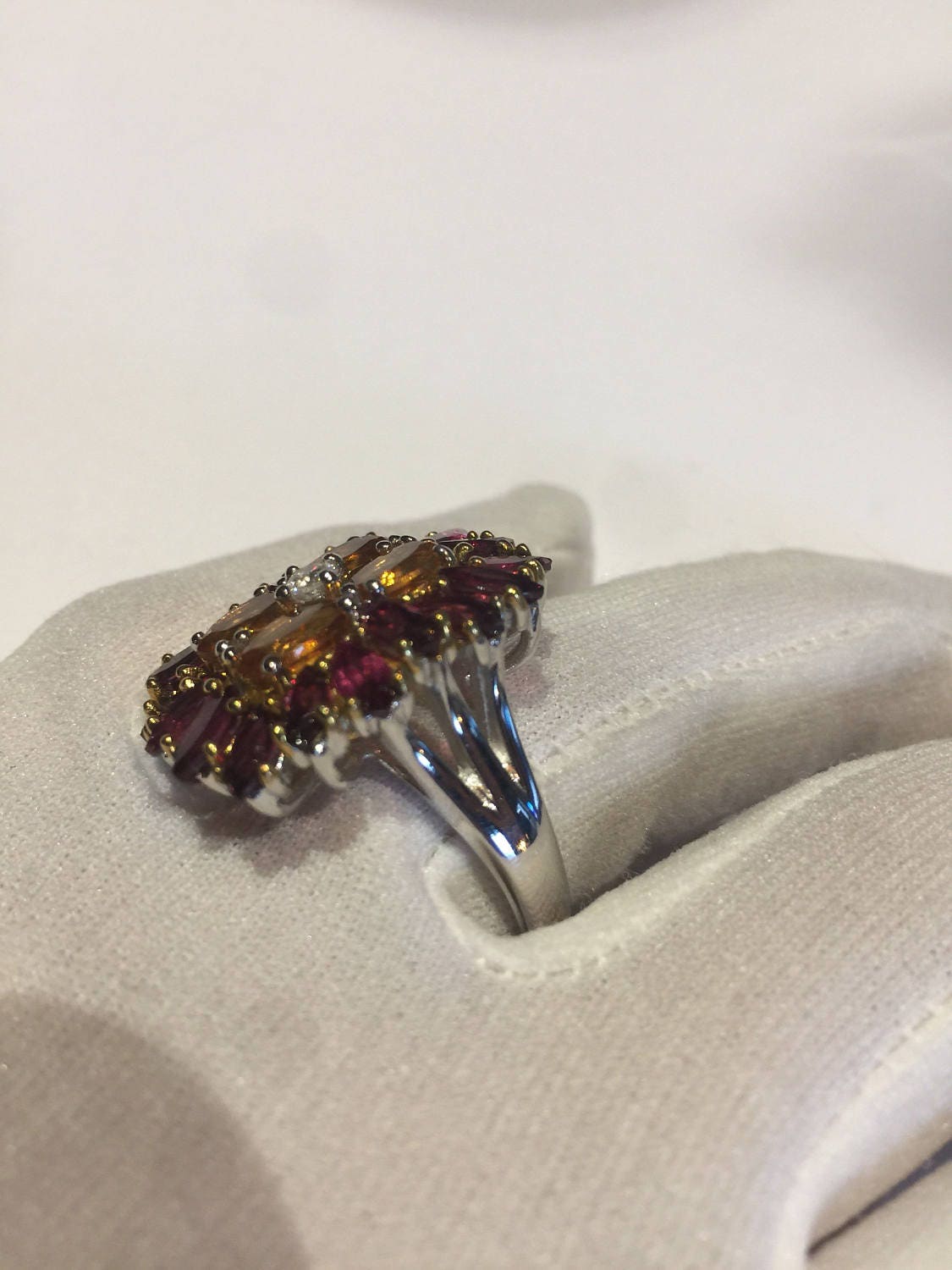 Vintage Bohemian Garnet Citrine 925 Sterling Silver Rhodium Finish Ring