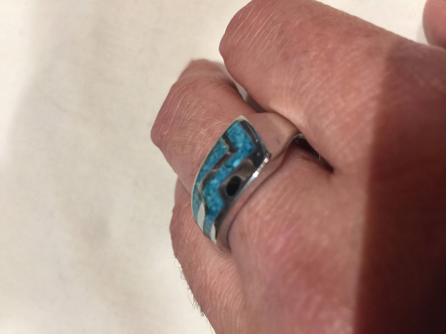Vintage Native American Style Southwestern Turquoise Stone Inlay Mountain Mens Ring