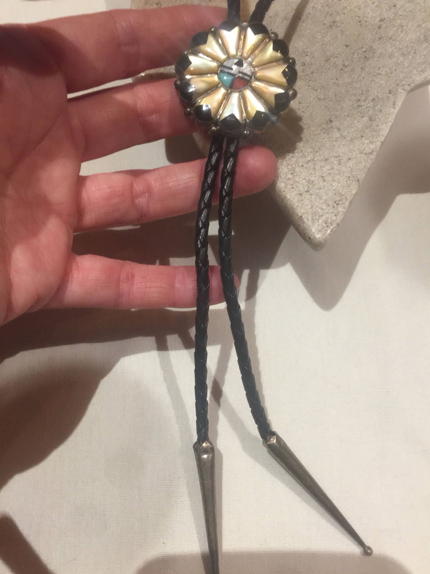 Large Handmade Vintage Native American Southwestern Inlay Gemstone Pendant bolo Necklace