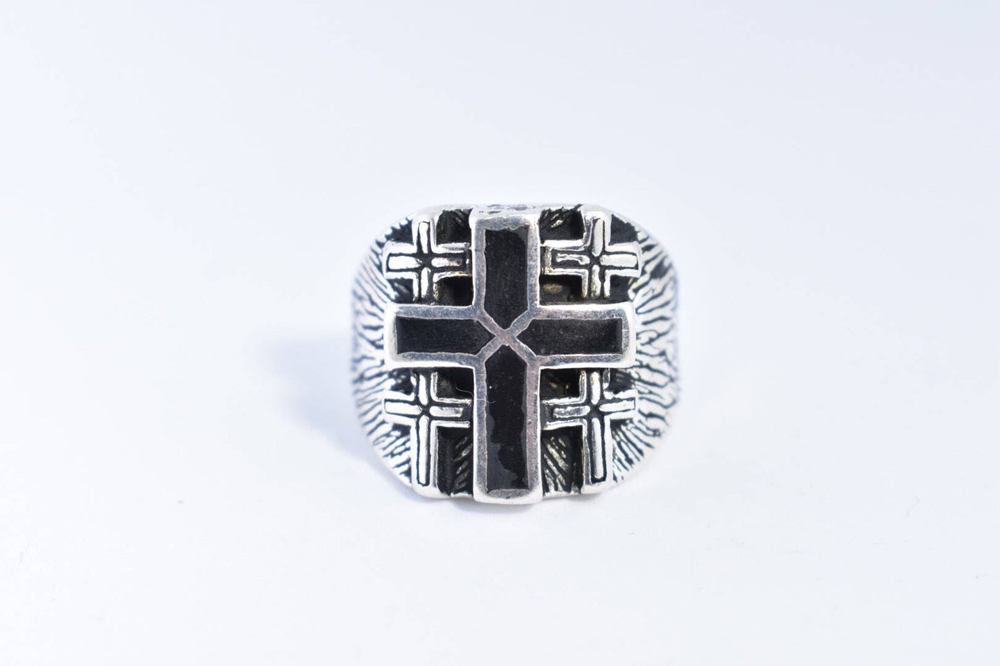 Vintage Gothic Black Onyx Inlay Cross Mens Ring