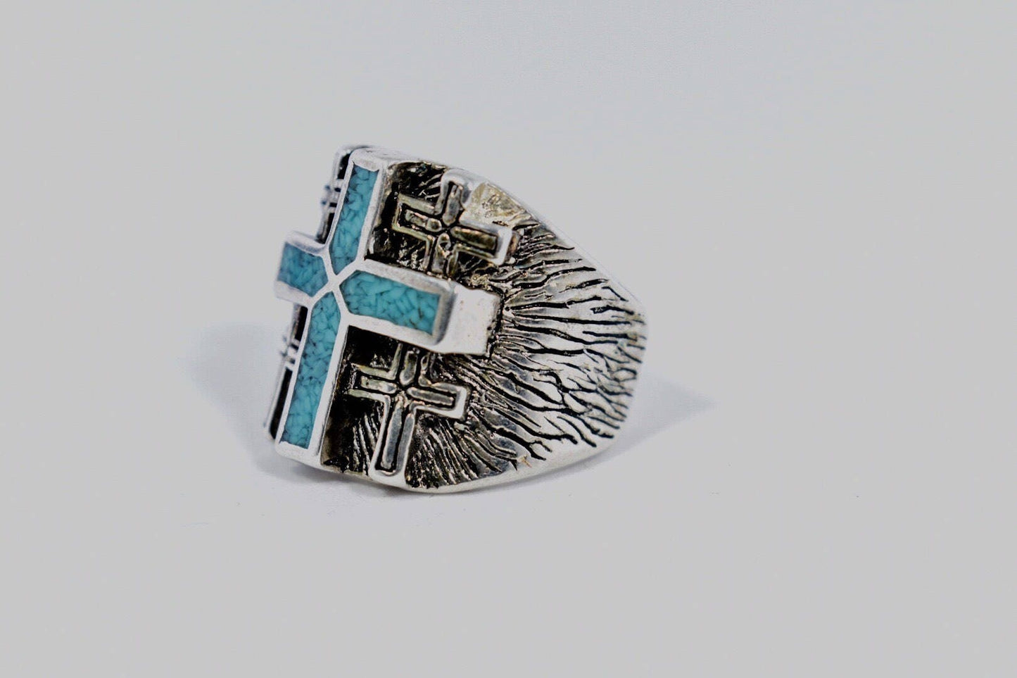 Vintage Gothic Southwestern Genuine Turquoise Cross Mens Ring