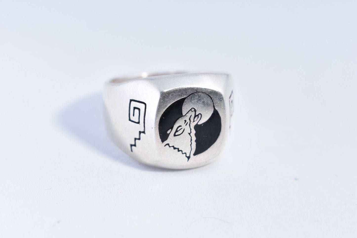 Vintage Wolf and Full Moon Mens Ring