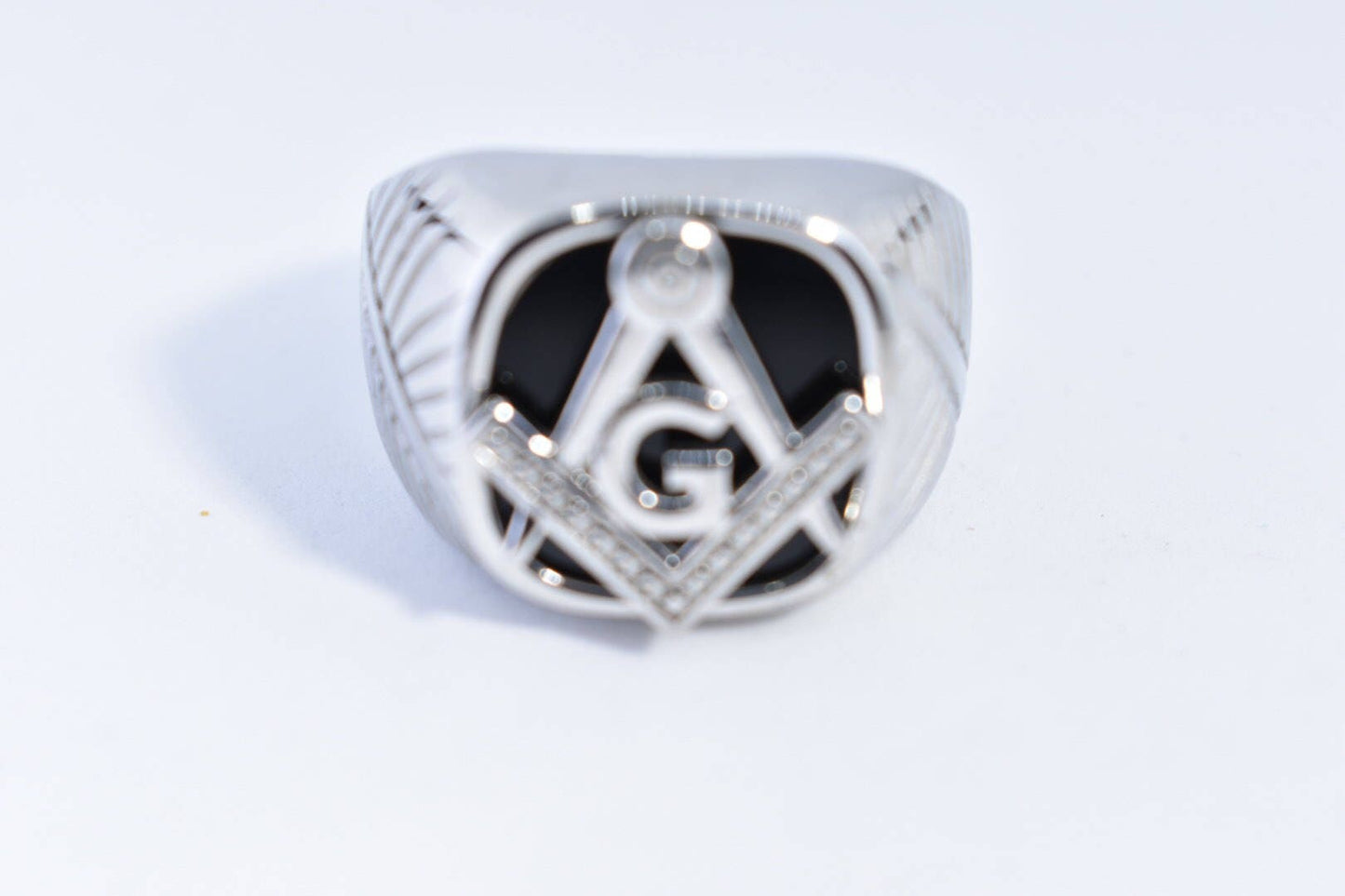 Vintage Gothic Silver Stainless Steel Genuine Black Onyx Free Mason Apprentice Men's Ring