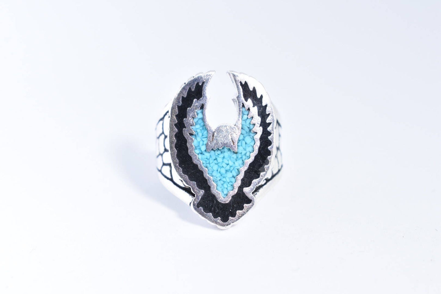 Vintage Native American Style Southwestern Turquoise Stone Inlay Mens Hawk Ring