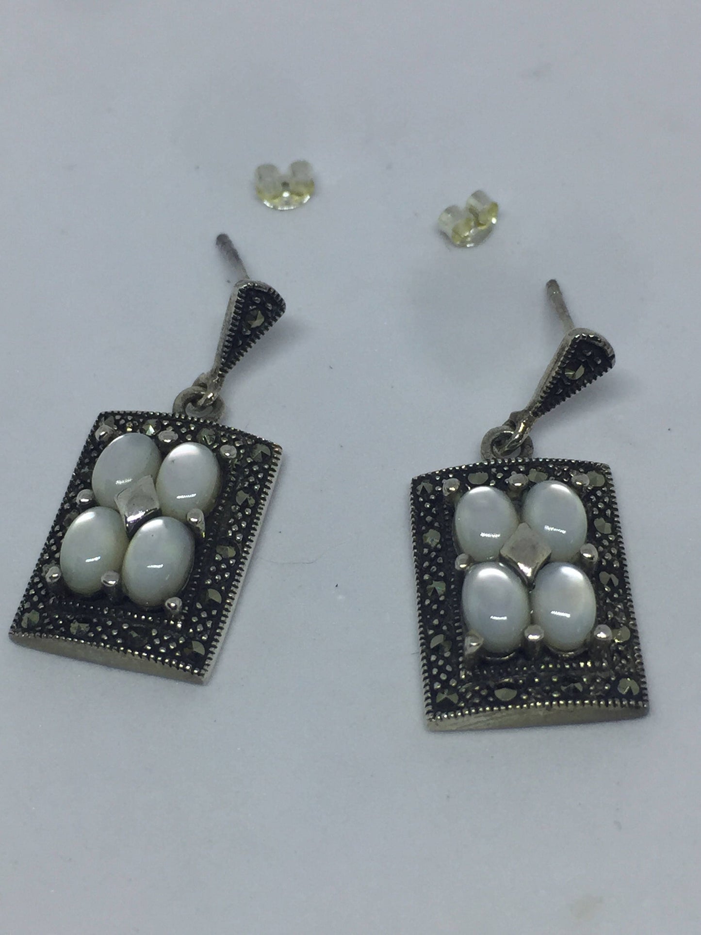 Vintage Marcasite and Genuine Mother of Pearl 925 Sterling Silver Dangle Earrings