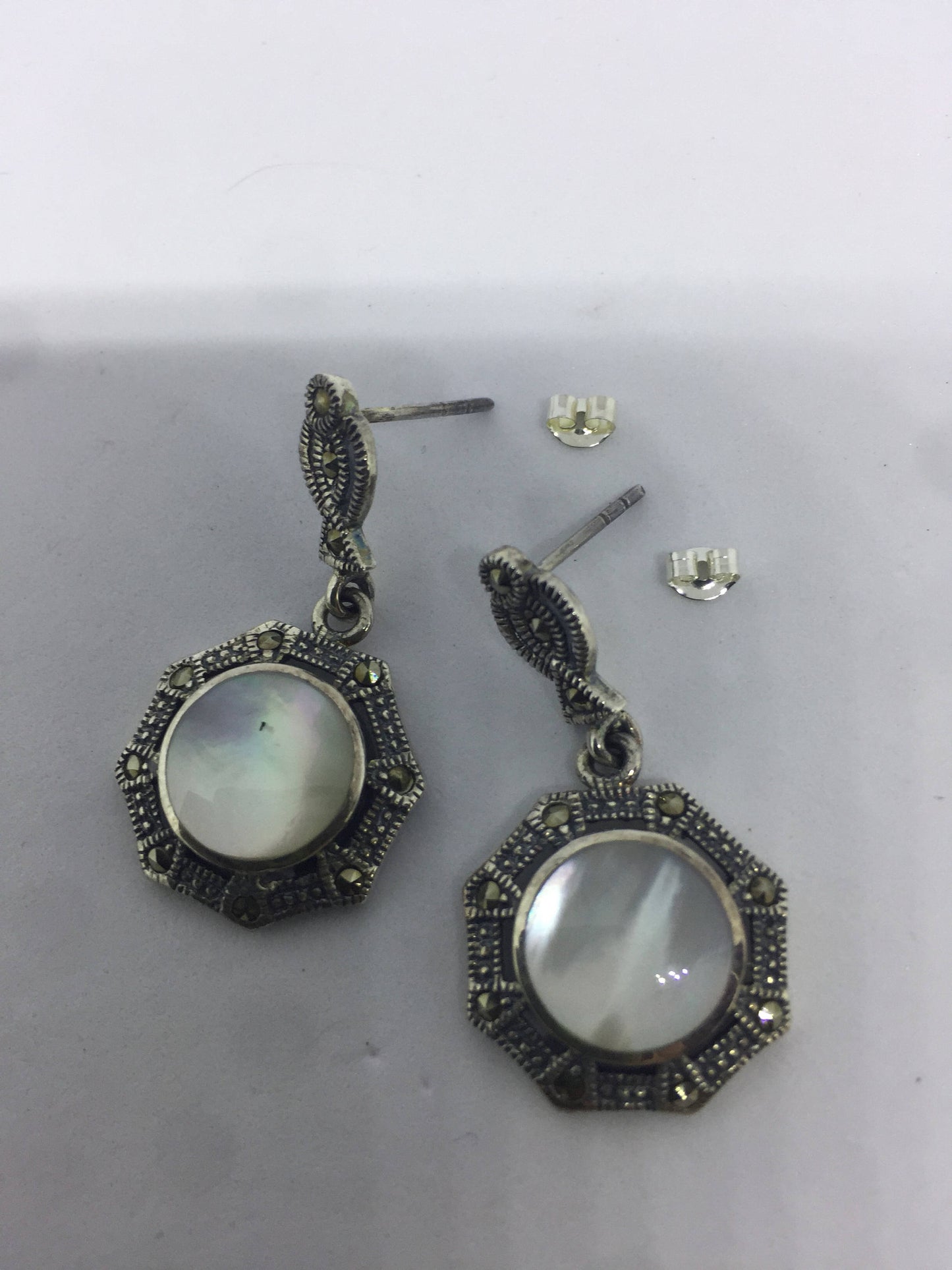 Vintage Marcasite White Mother of Pearl 925 Sterling Silver Dangle Earrings