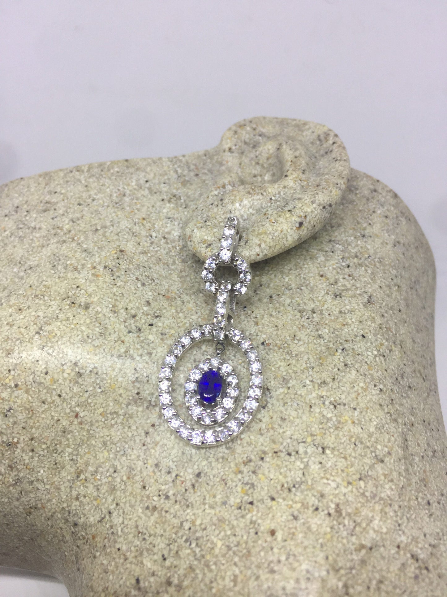 Vintage Handmade Sterling Silver Genuine Deep Blue and White Sapphire Earrings