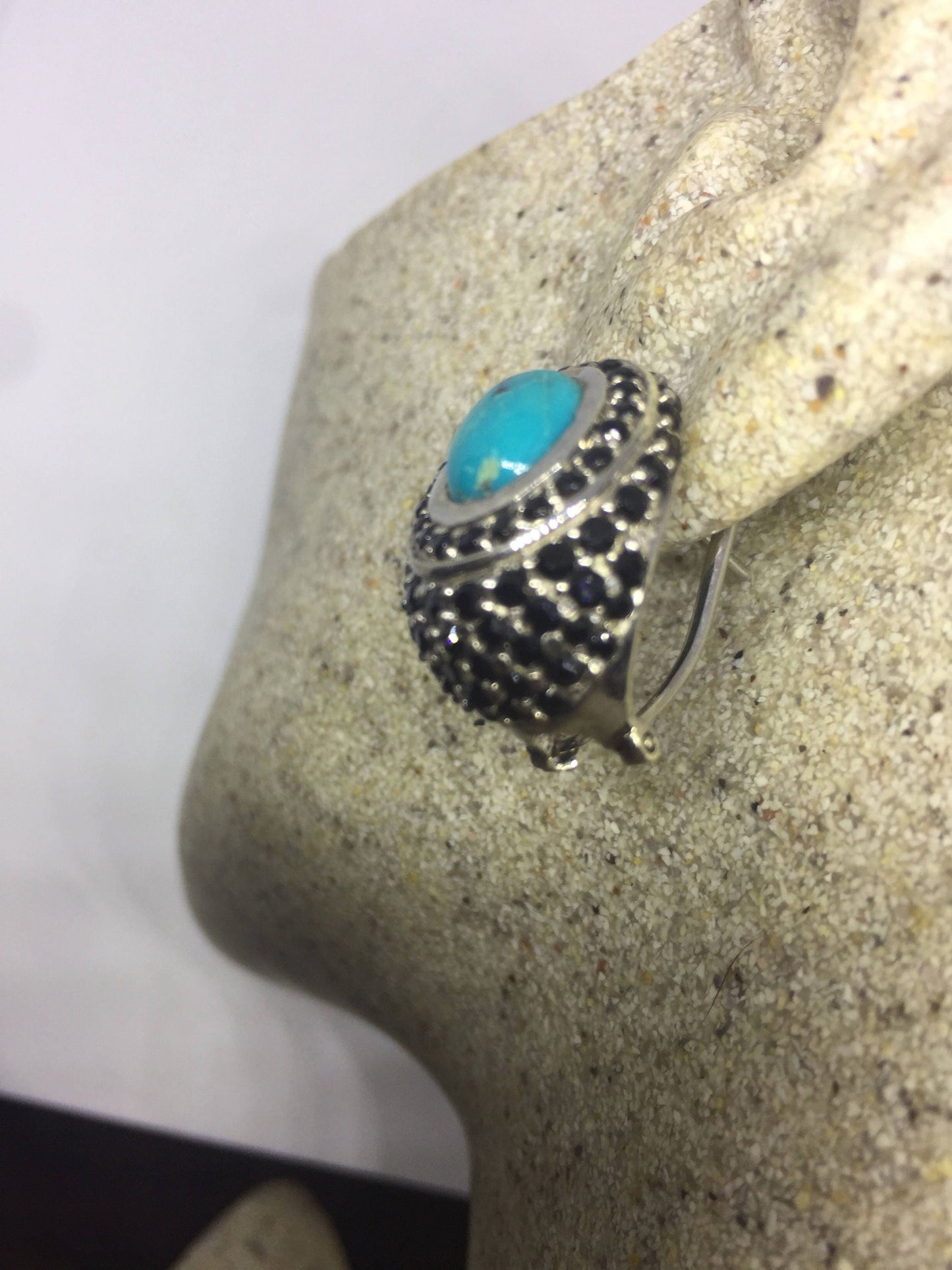 Vintage Handmade Sterling Silver Genuine Deep Blue Sapphire and turquoise Earrings