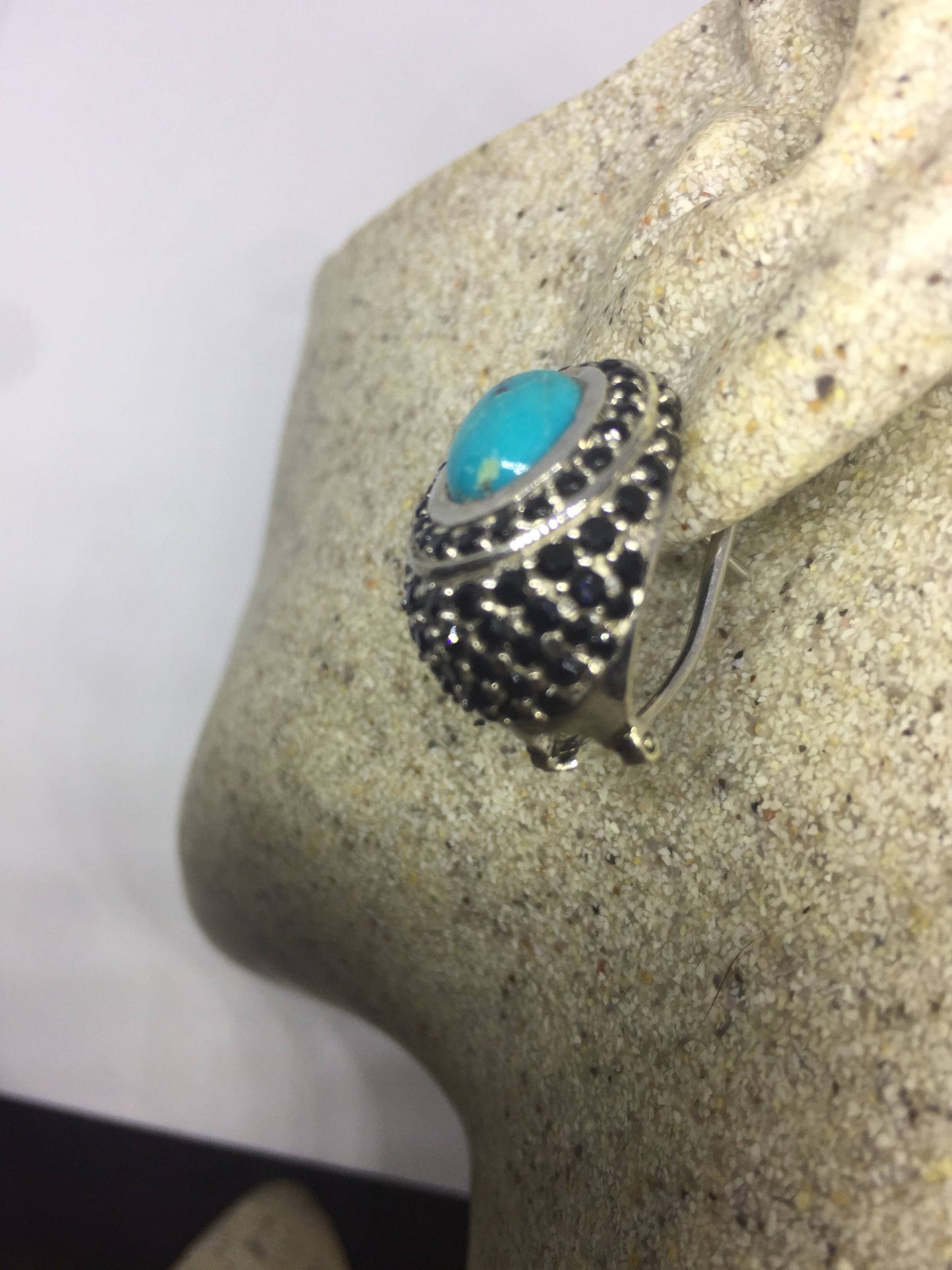 Vintage Handmade Sterling Silver Genuine Deep Blue Sapphire and turquoise Earrings