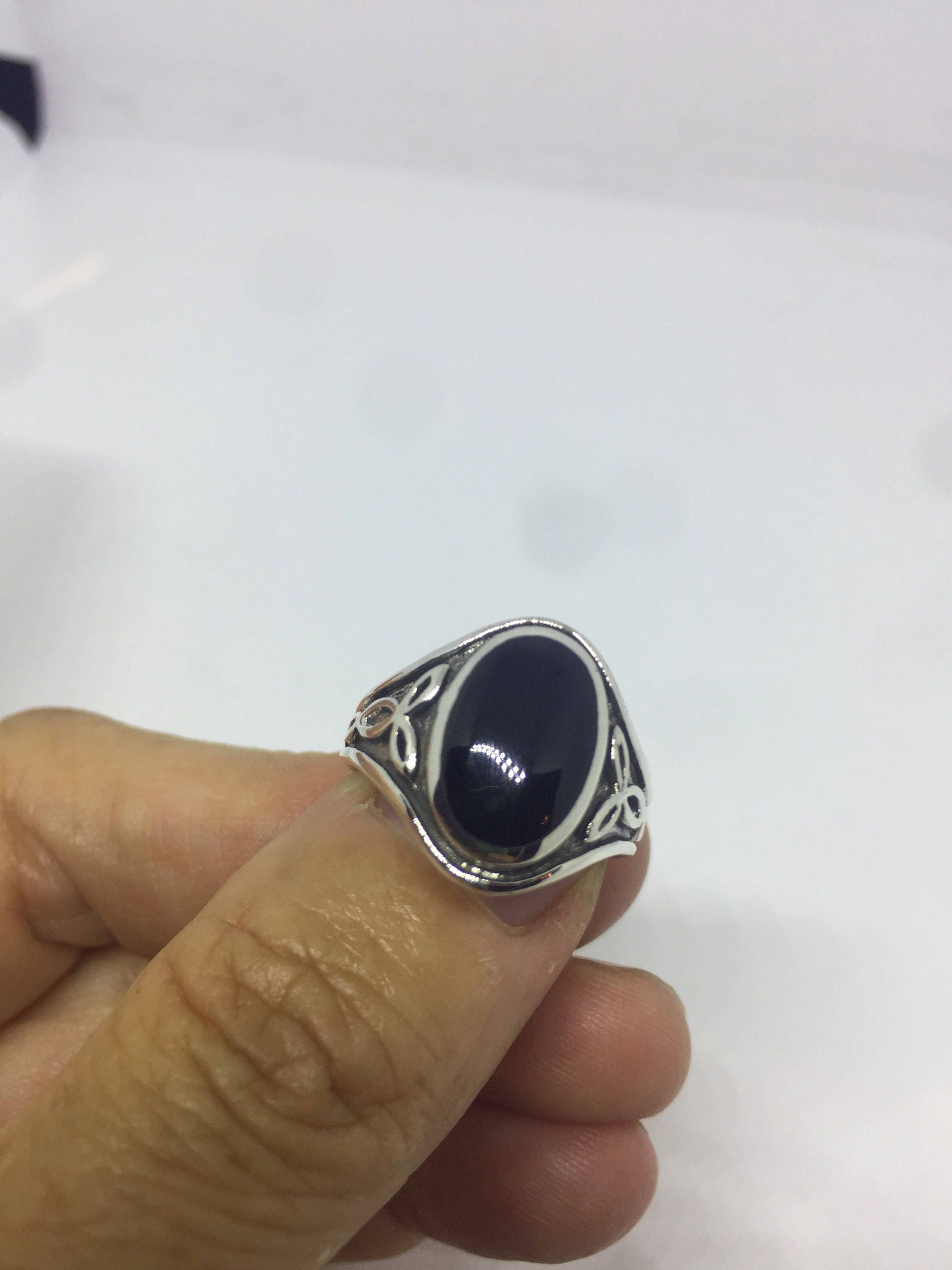 Vintage Celtic Genuine Black Onyx 925 Sterling Silver Ring