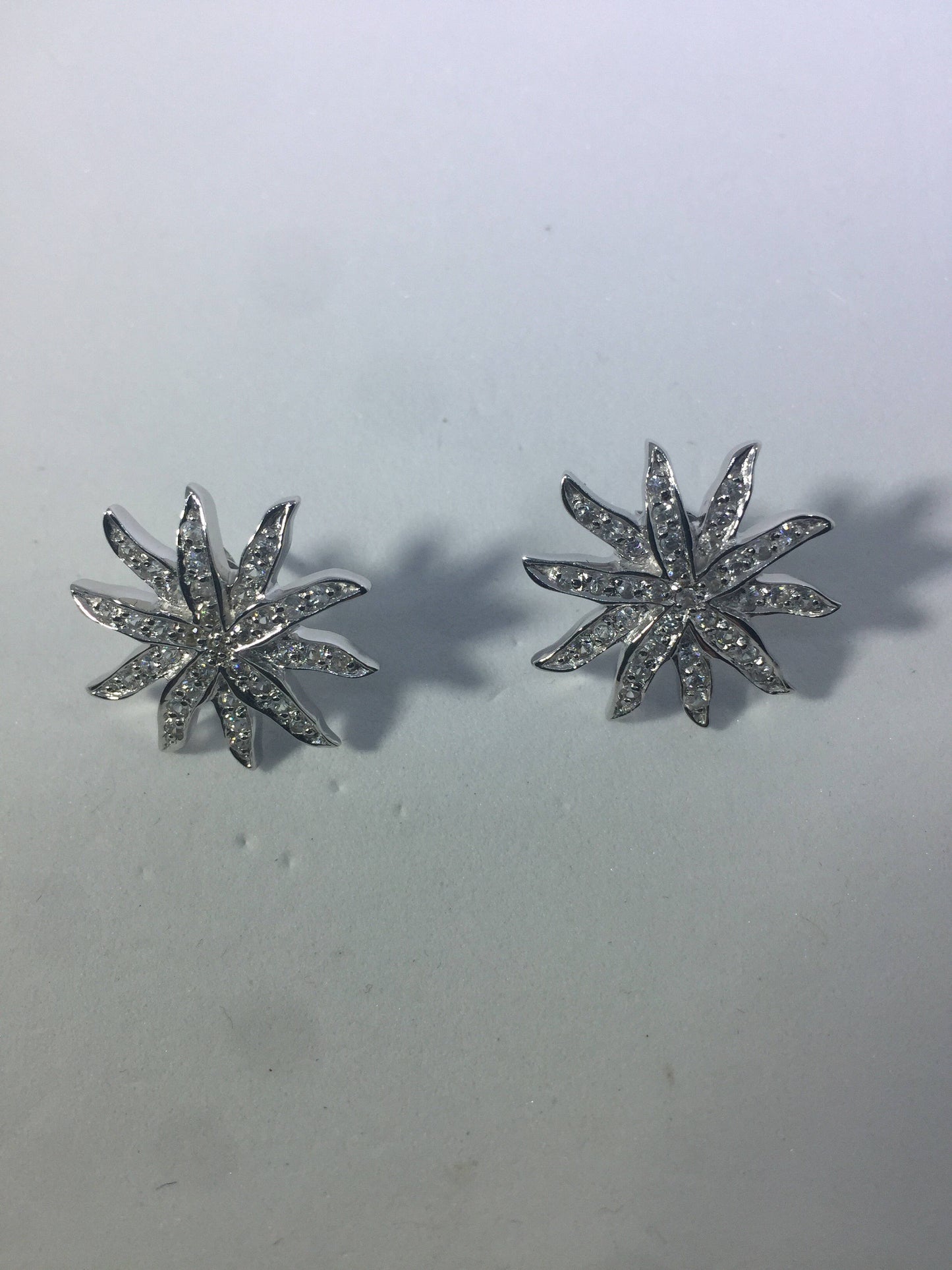 Vintage Handmade Sterling Silver White Sapphire dramatic sun star Stud Earrings