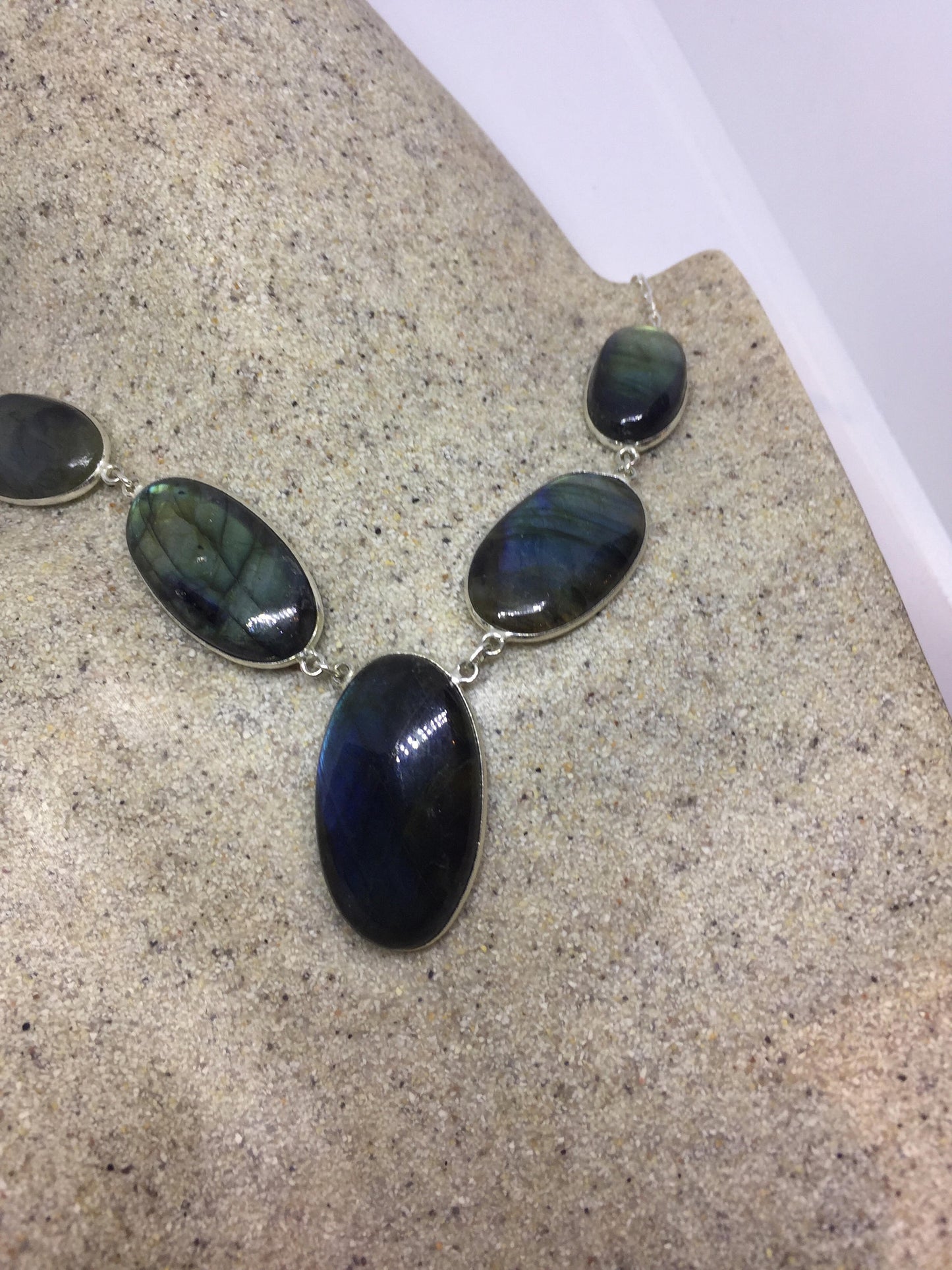 Vintage Green Labradorite 925 Sterling Silver Necklace Choker
