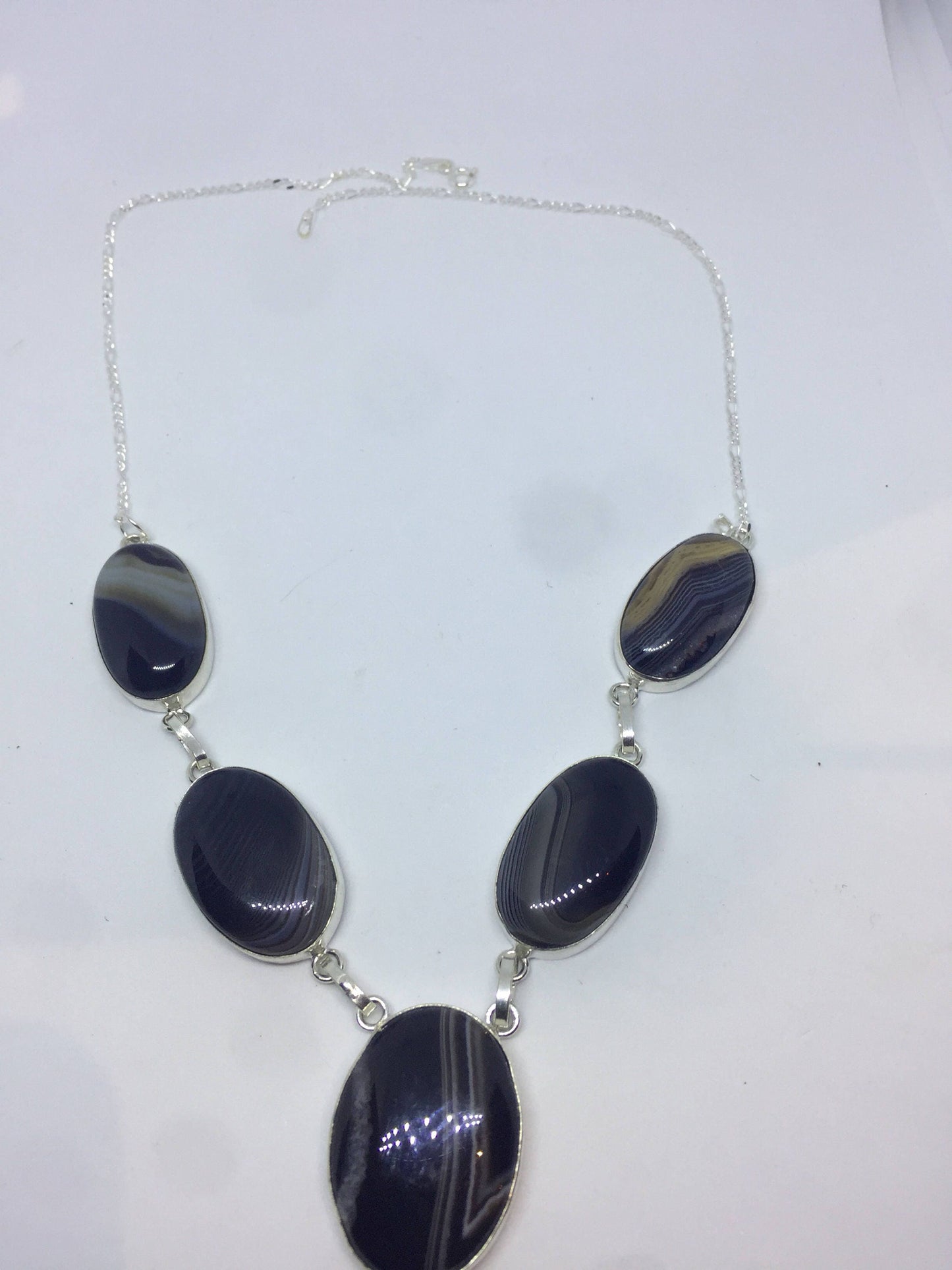 Vintage Black Agate 925 Sterling Silver Necklace Choker