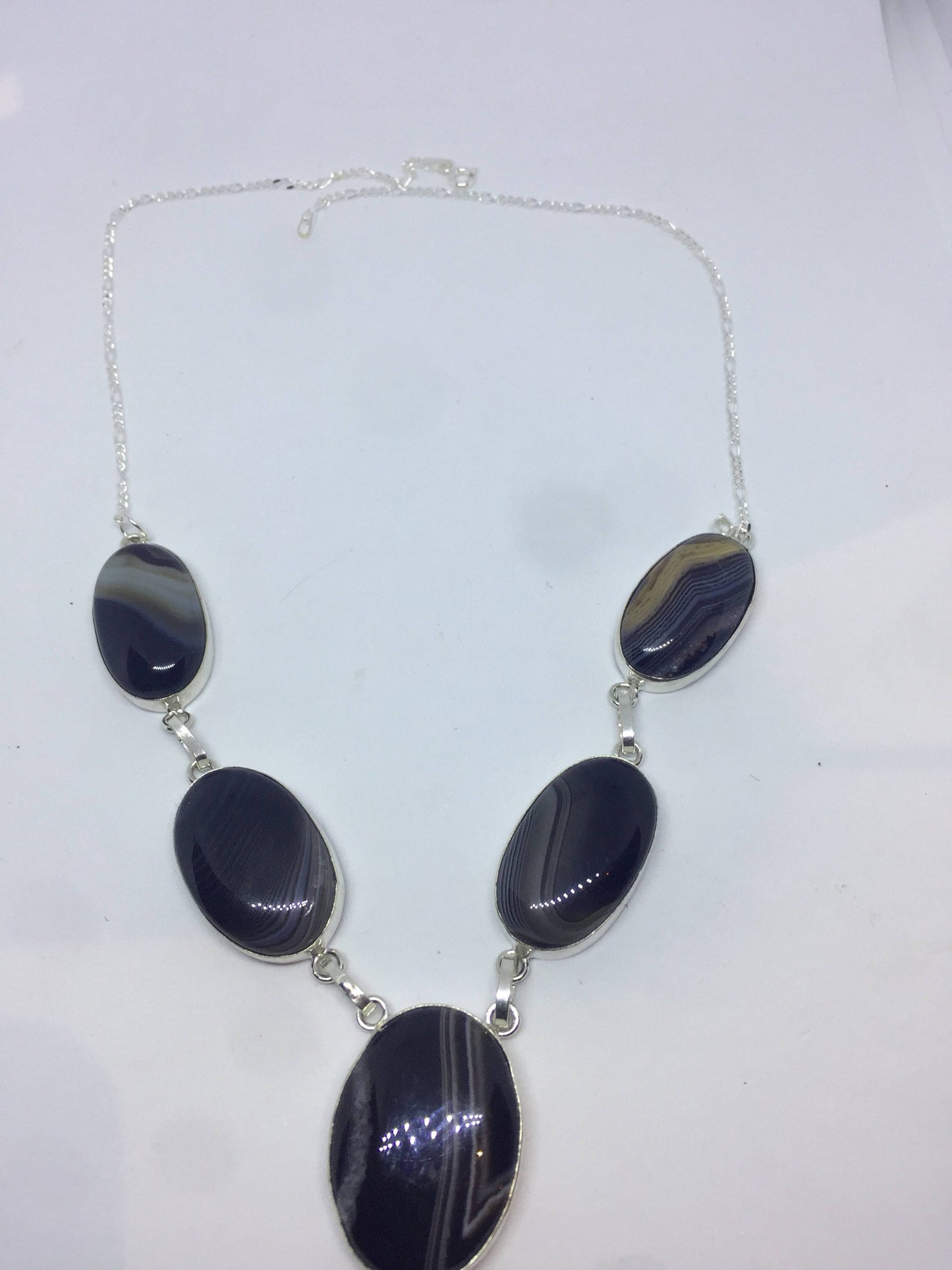 Vintage Black Agate 925 Sterling Silver Necklace Choker