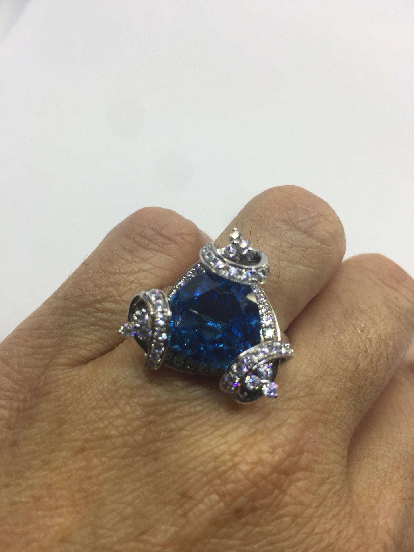 Vintage Genuine London Blue Topaz 925 Sterling Silver Black Rhodium Ring