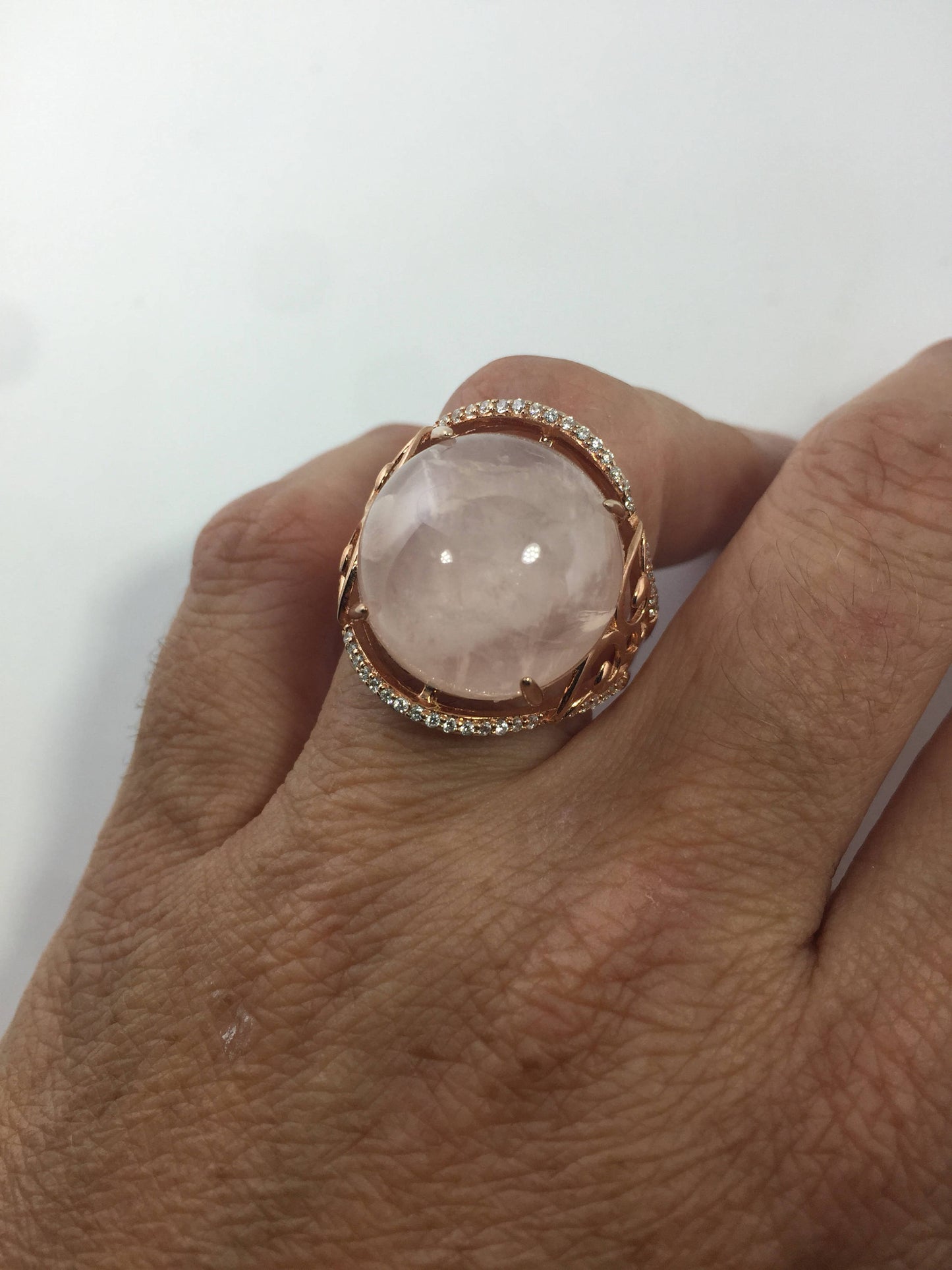 Vintage Pink Rose Quartz Rose Gold 925 Sterling Silver Ring