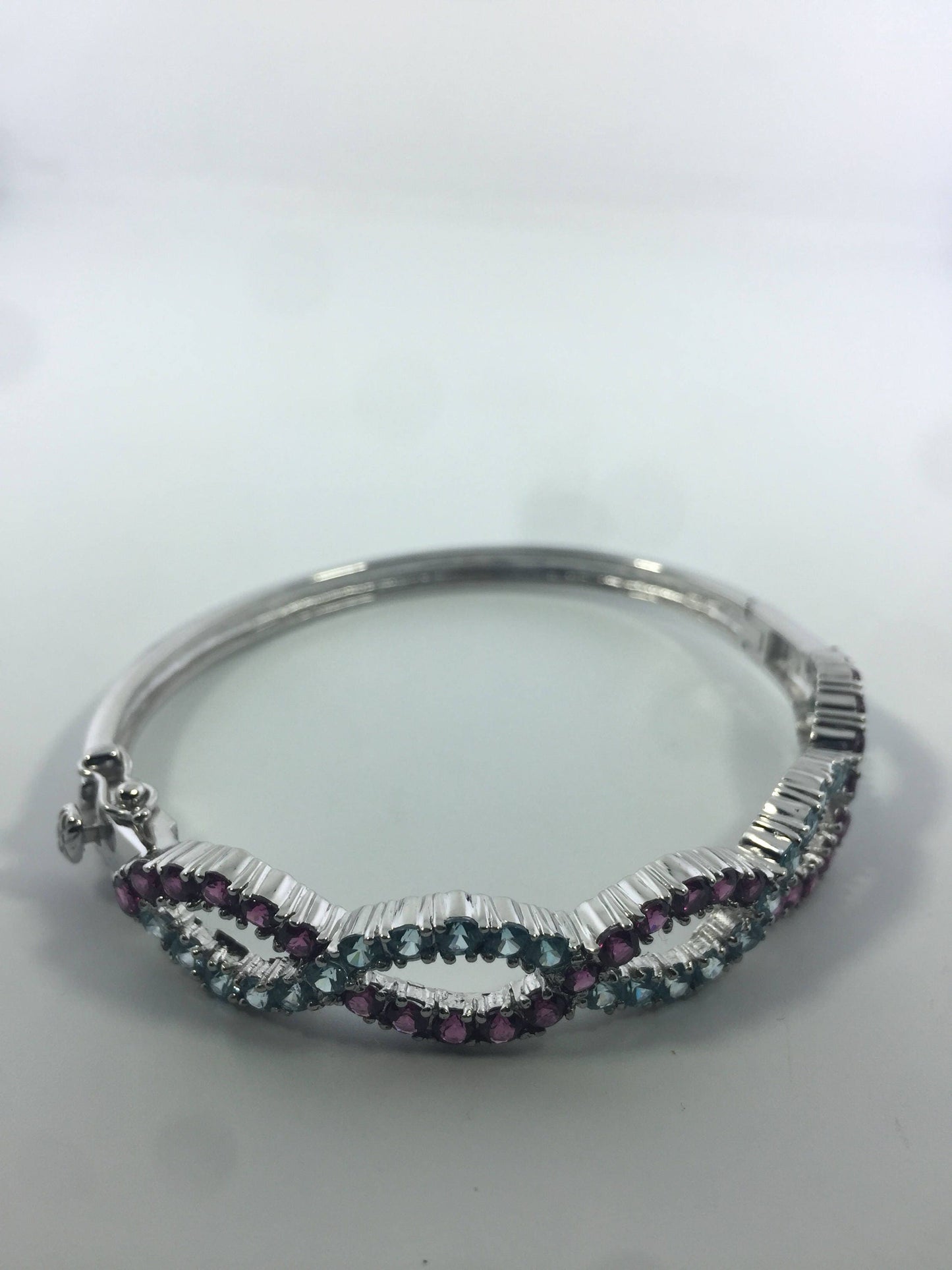 Handmade Genuine Blue Topaz and red Tourmaline Rhodium Finished 925 Sterling Silver Deco Bangle Bracelet