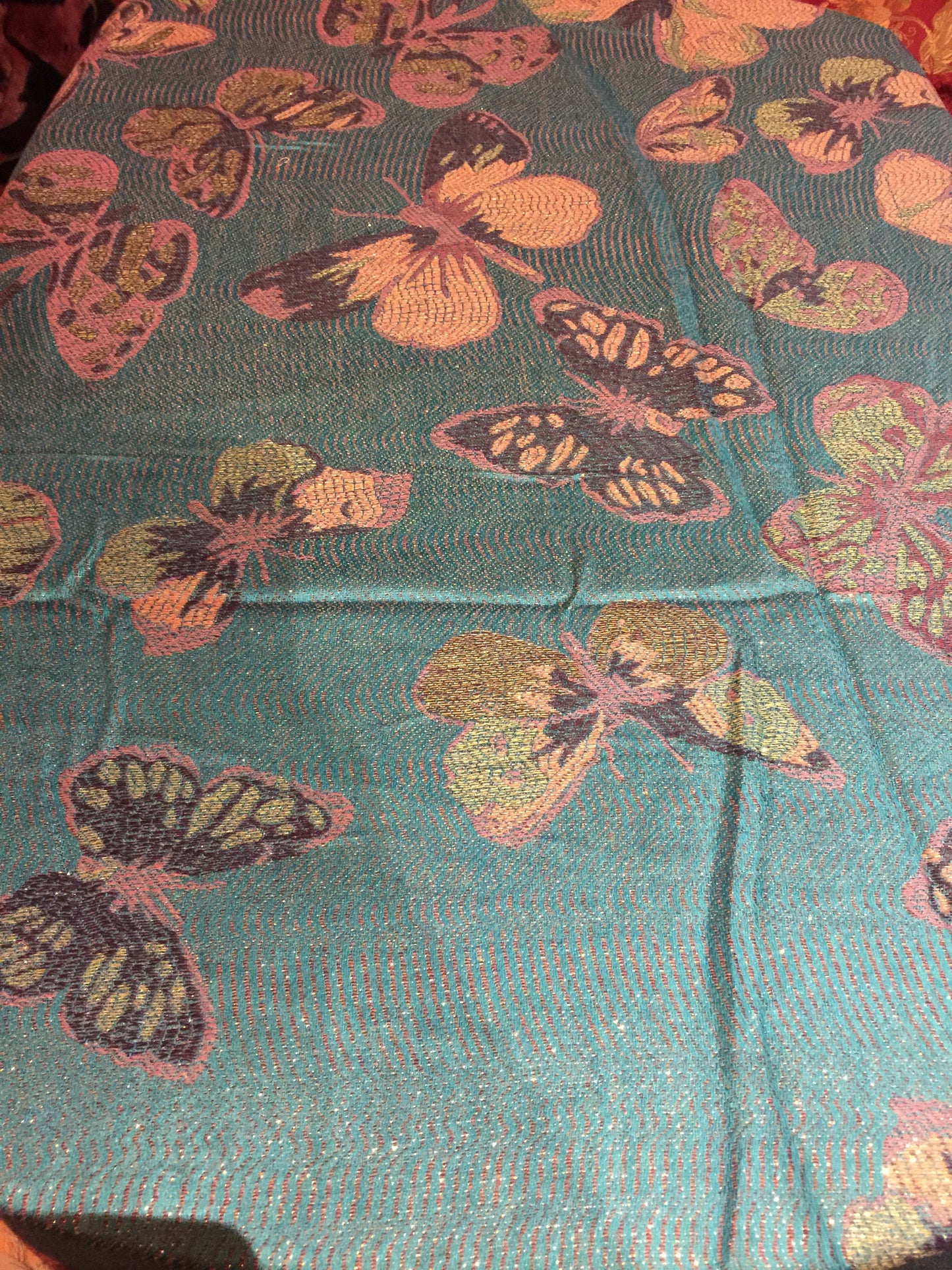 Nemesis Vintage Teal Gold Butterfly Brocade Pashmina Scarf Wrap