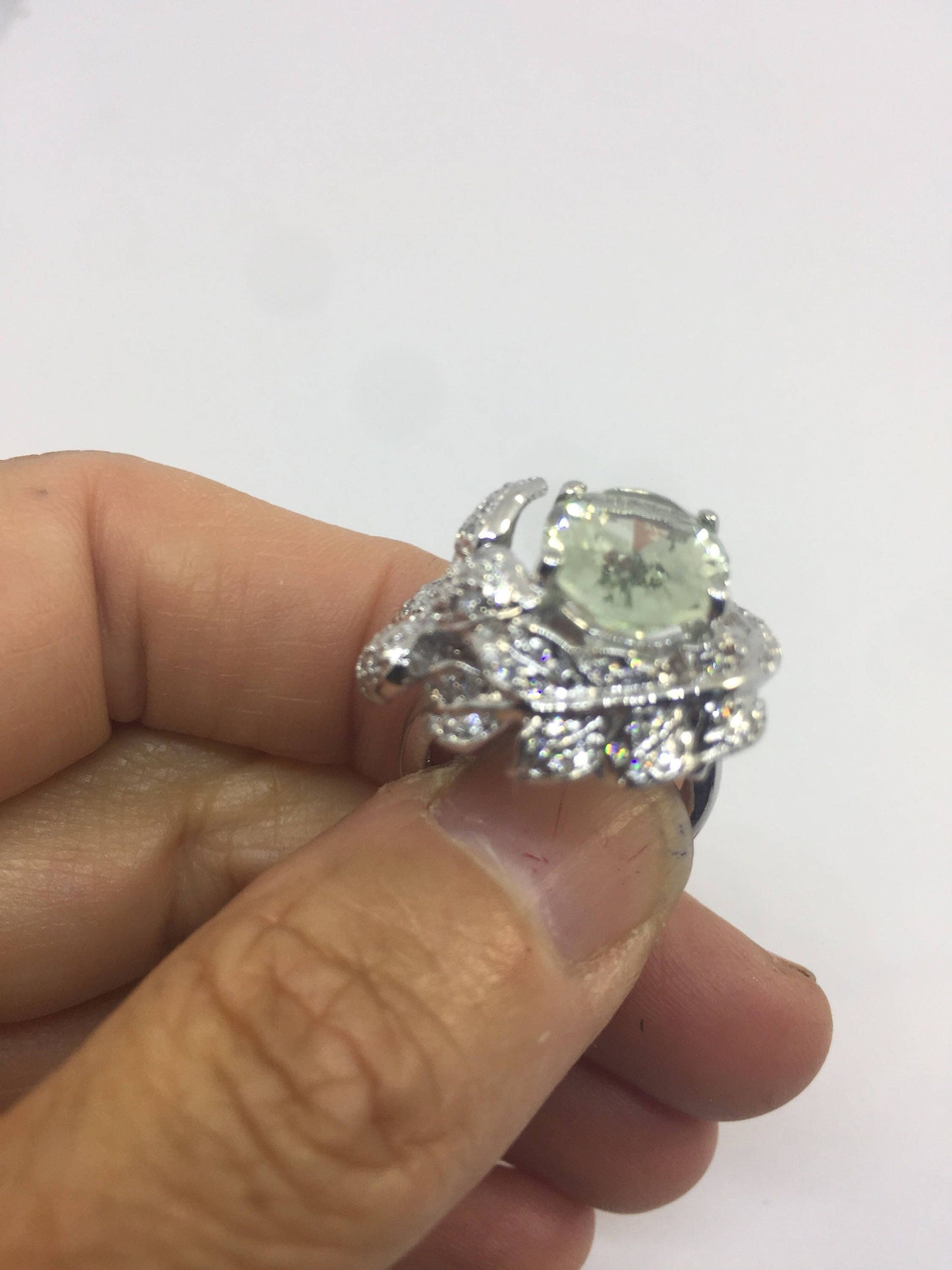 Vintage Handmade Pale Genuine Green Amethyst 925 Sterling Silver Gothic Ring